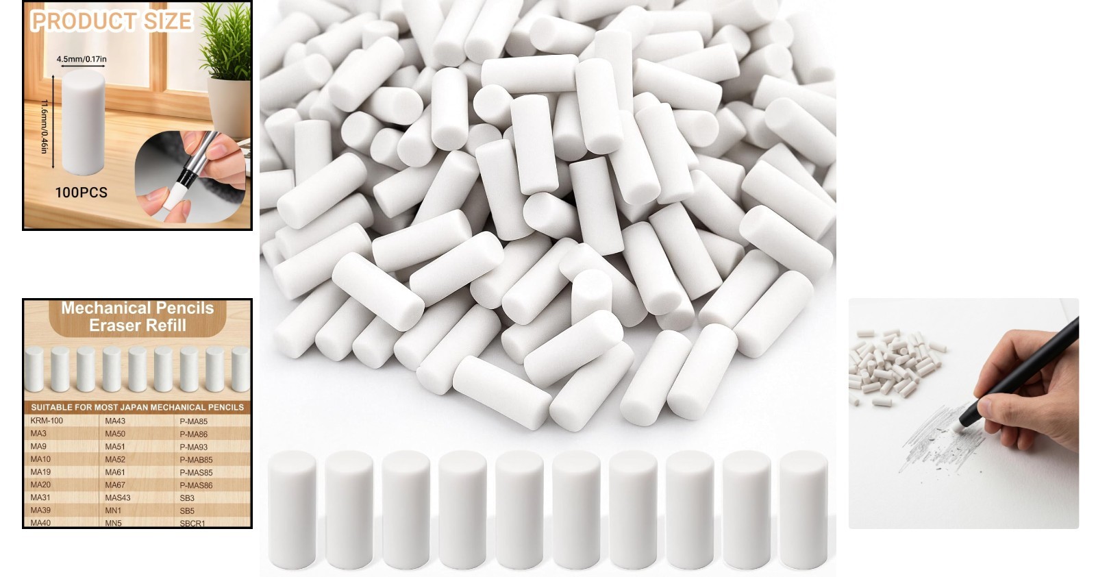 Versatile 100-Pack Eraser Refills for Mechanical Pencils – Scratch-Free Clean