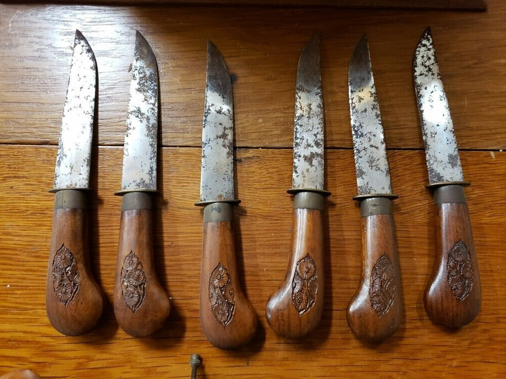 Vintage 8 Piece Intricate Hand Carved Wood & Stainless Carving Set Made In India