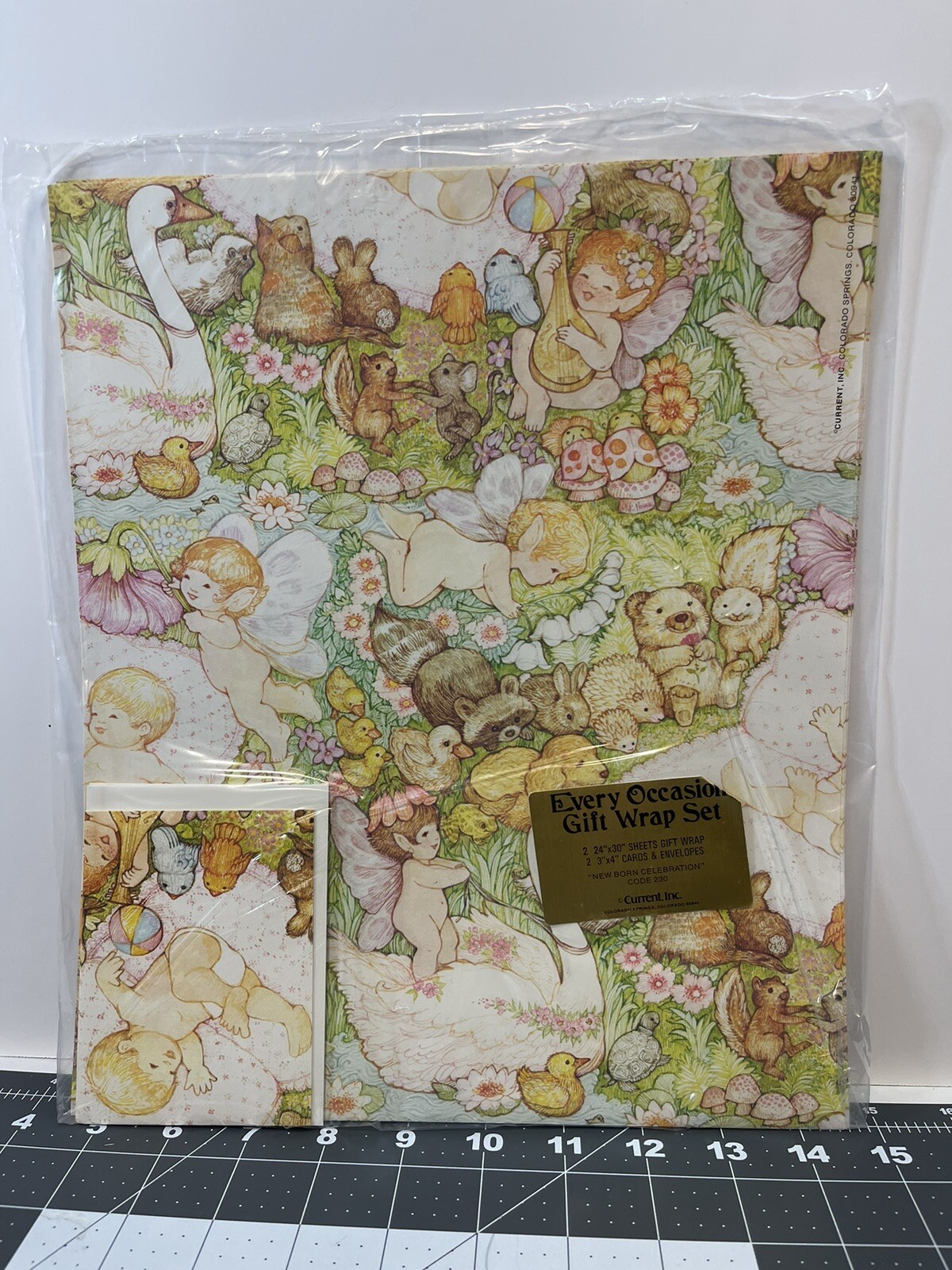 Vintage Current Inc Paper Baby Shower Gift Wrap Fairy Babies Forest Animals 80’s