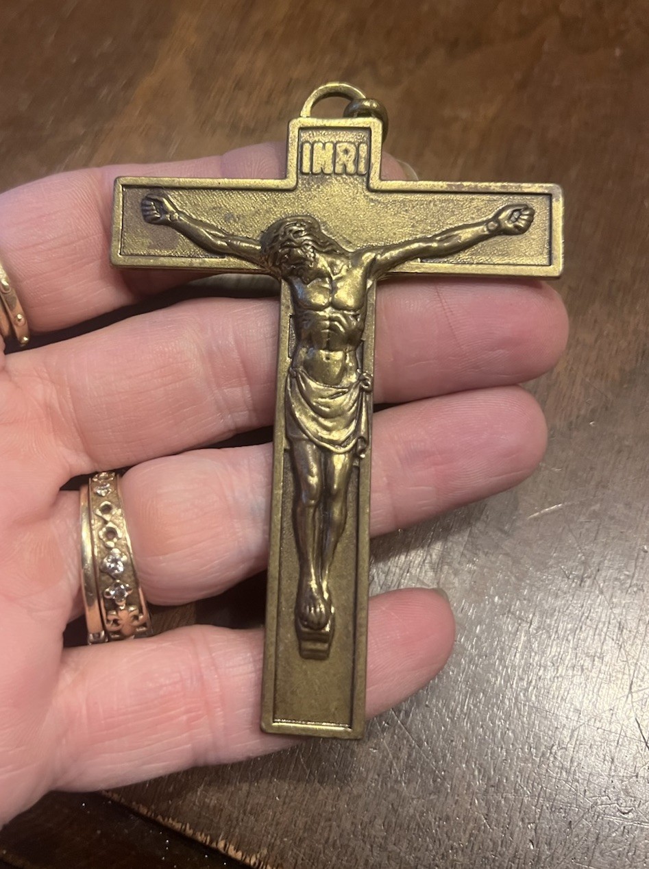 French Pectoral cross 3½” Crucifix Necklace Solid Bronze Art Deco Gold Jesus