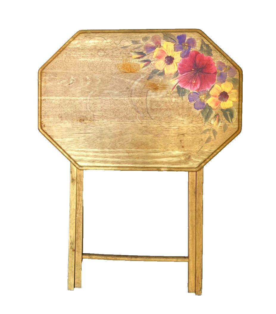 Vintage Floral Painted Top Solid Wood Rectangular Folding TV Tray Table
