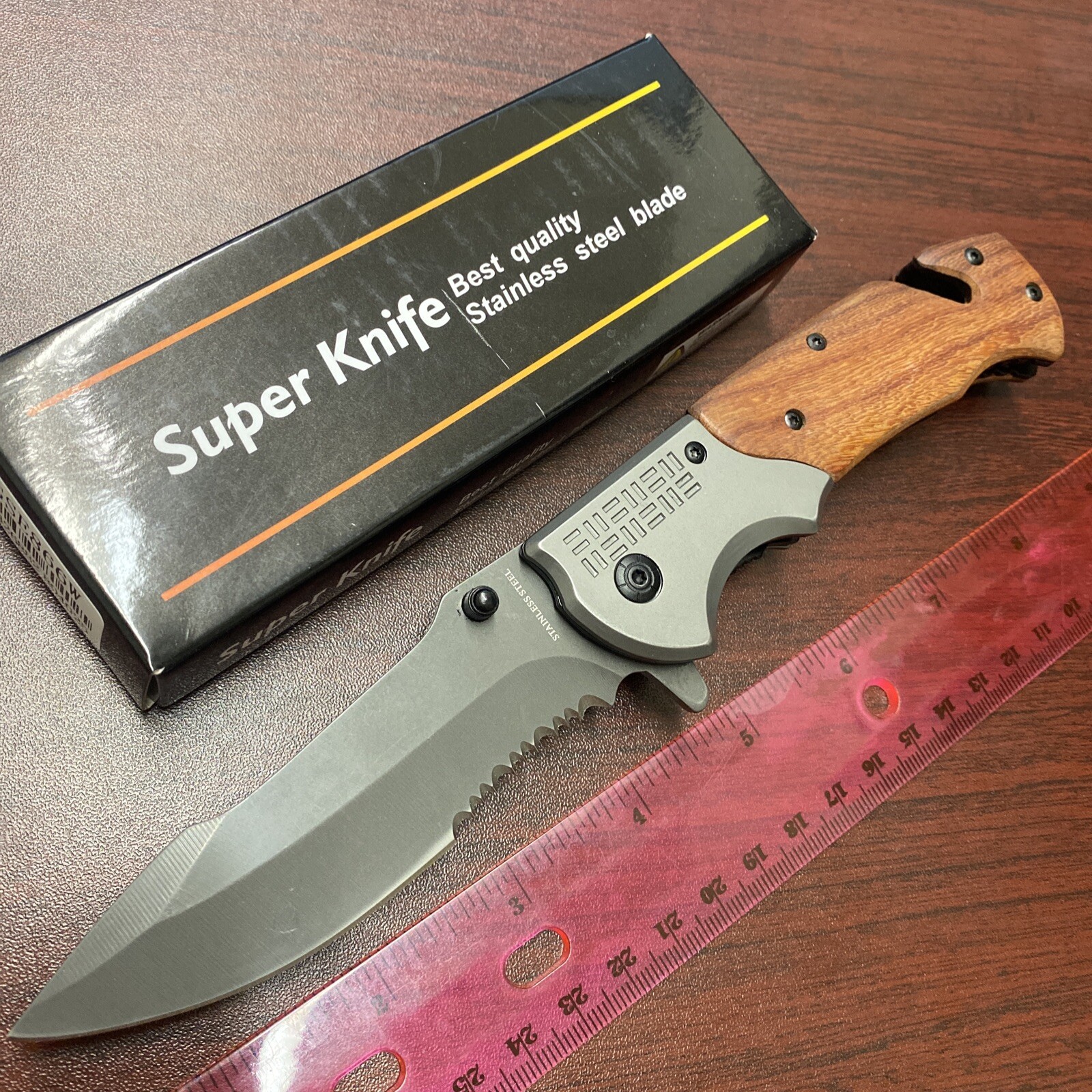 POCKET Knife 9.25” Wood tactical Spring Assisted OPEN Blade Folding Hunting