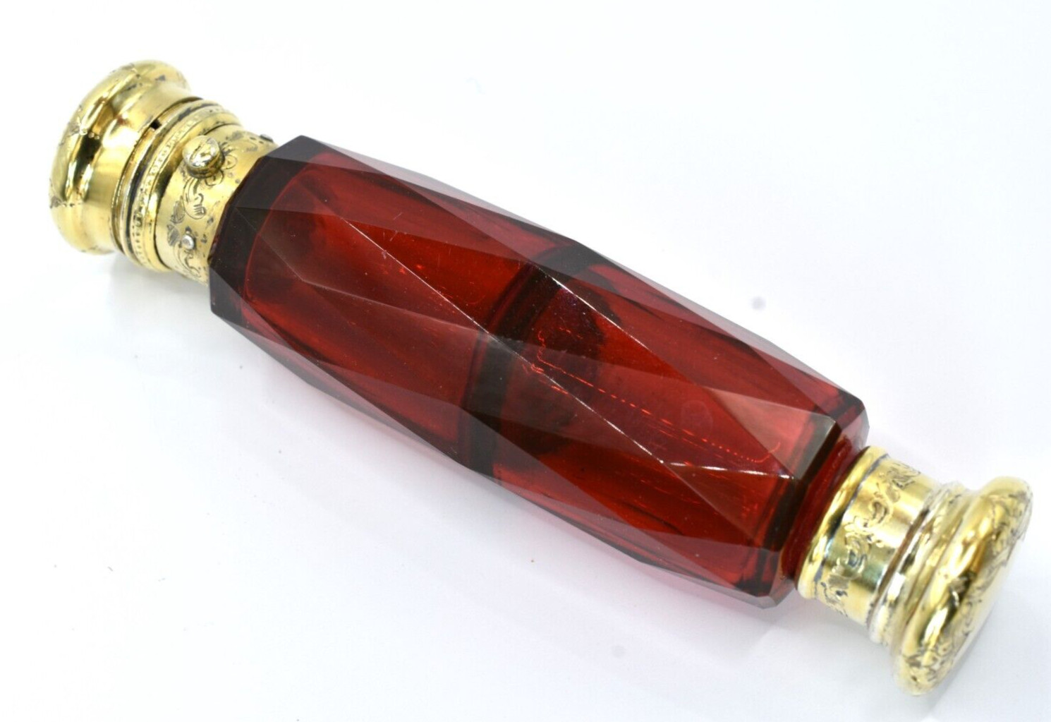 Fine Antique Cranberry Glass Gilt Silver Perfume Vinaigrette Double Ended Bottle