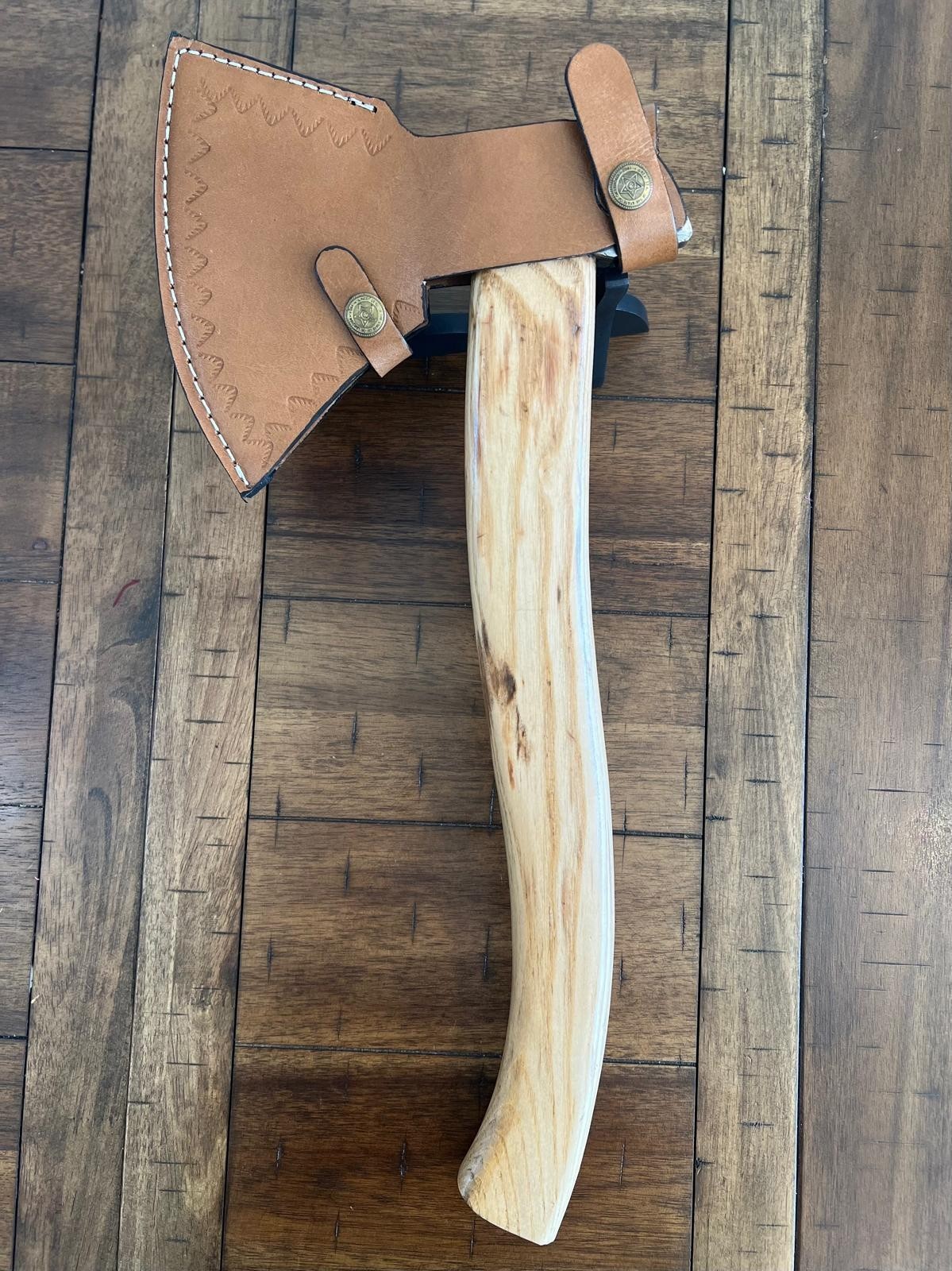 18″ CUSTOM HANDMADE DAMASCUS STEEL AXE WITH WOOD HANDLE AND LEATHER SHEATH 005
