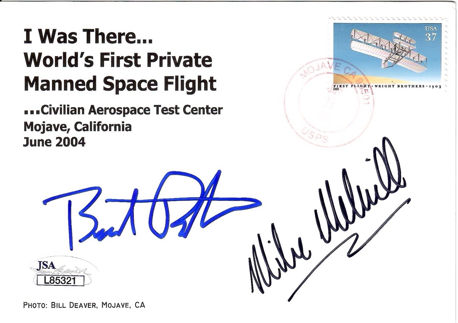 MIKE MELVILL+BURT RUTAN HAND SIGNED 4×6 COLOR POSTCARD SPACESHIP ONE JSA