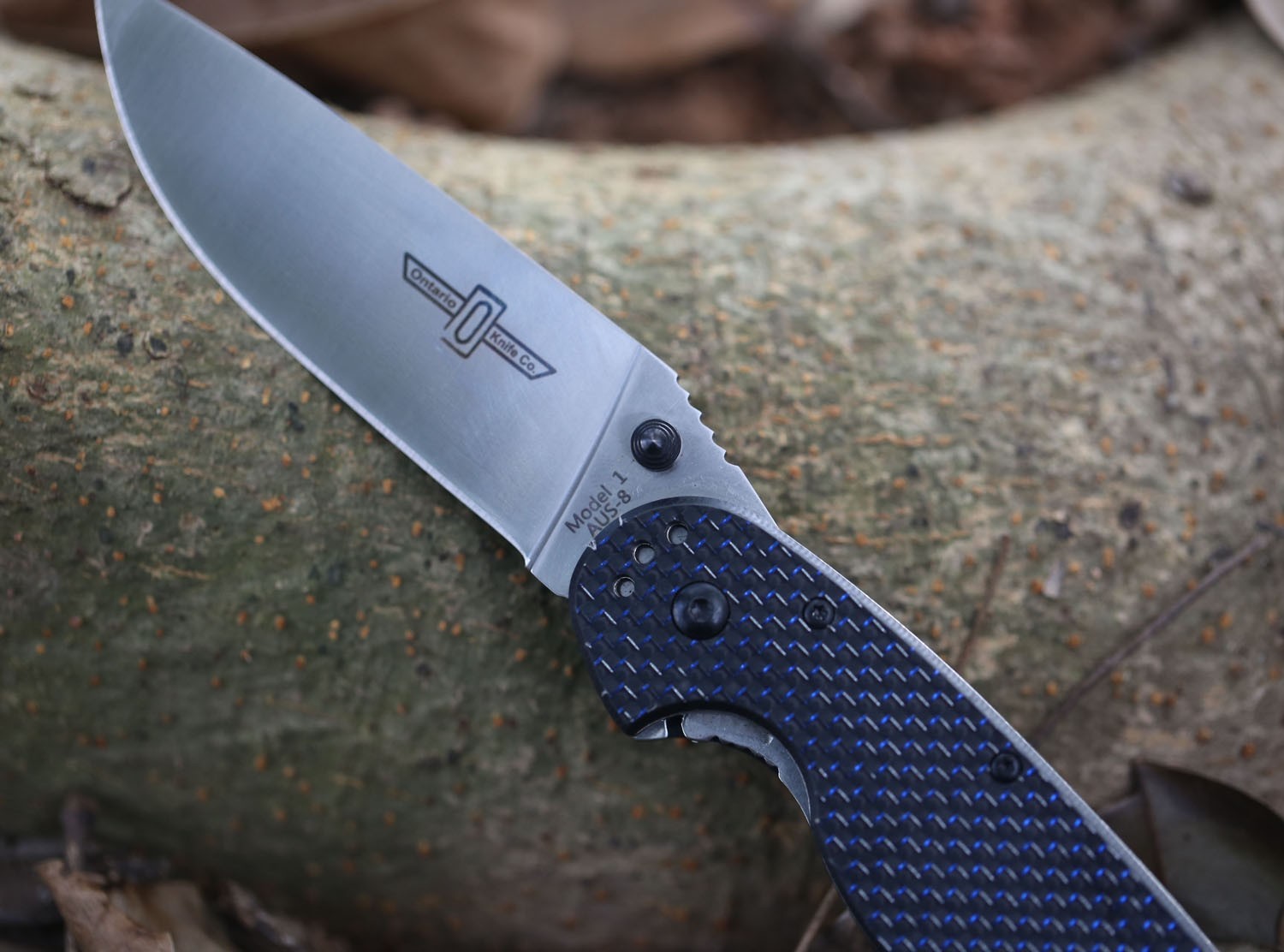 Ontario Rat 1 Blue Twill Carbon Fiber Big Hunting Tactical Pocket Knife AUS8 NEW