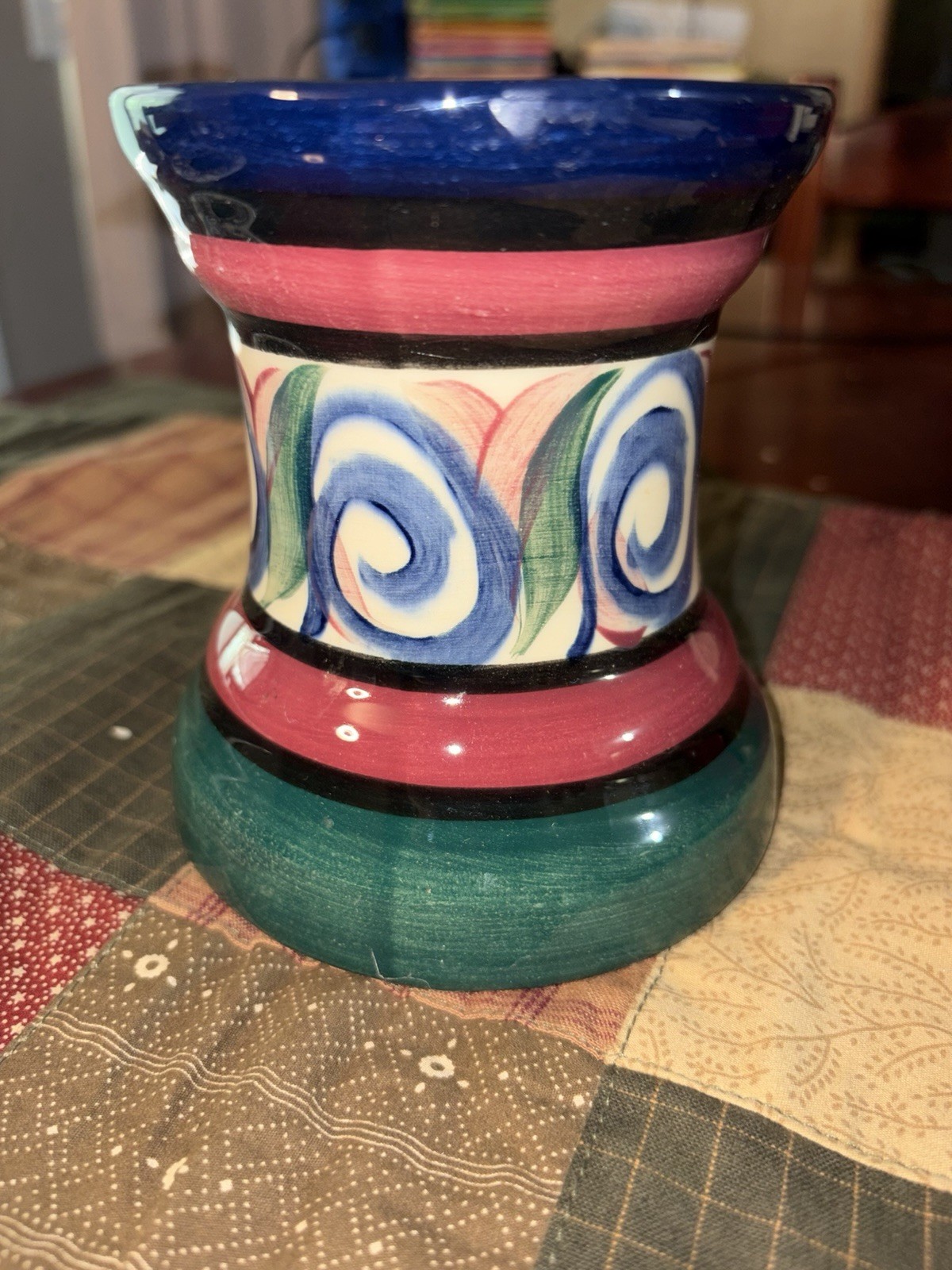 Lottie Adams Hand Painted Ceramic Candle Holder Abstract Multicolor Glazed