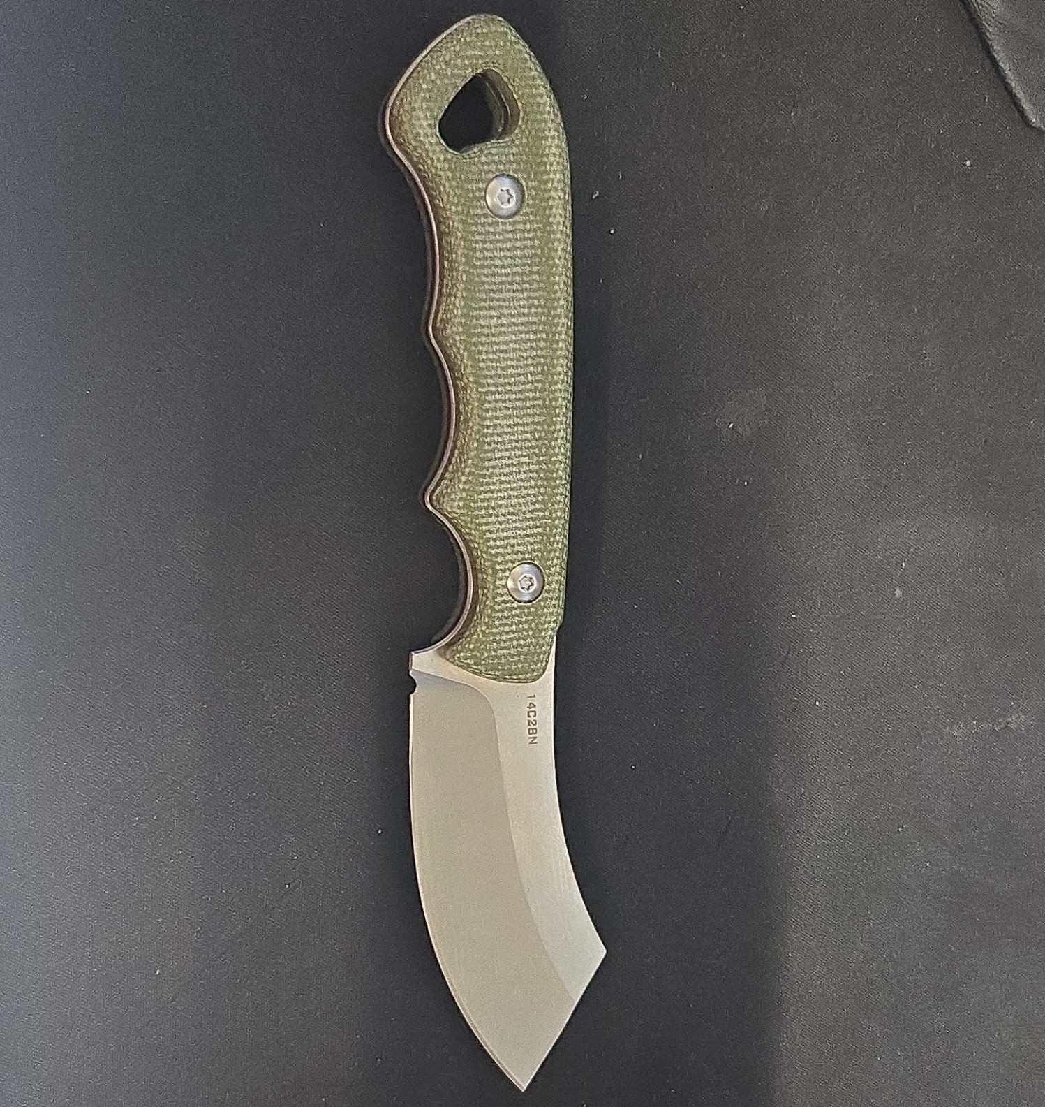 14C28N Stainless Fixed Blade Knife Trailing Point Plain Edge Sheath Green