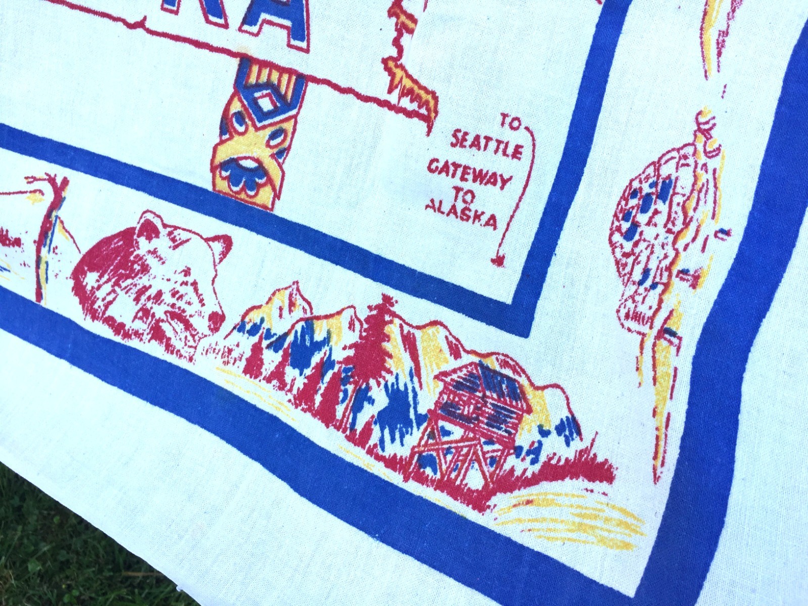 Souvenir Alaska Map Tablecloth Table Cover Vintage Linen Cotton 50″x 46″