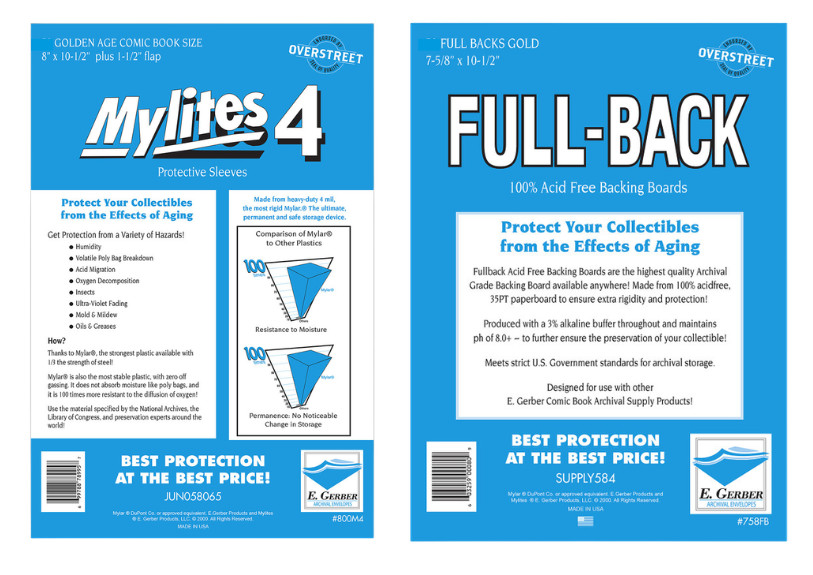 Set 100 E Gerber Mylites 4Mil Mylar Golden Age comic Bags & 100 Full Back Boards