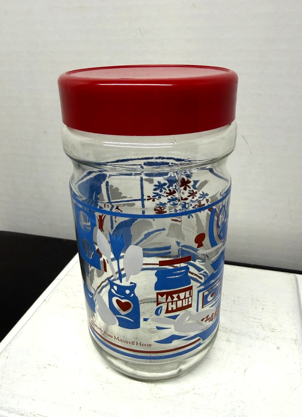 Vtg 1977 Maxwell House Coffee Glass Storage Jar Red Lid MCM Kitchen Graphics