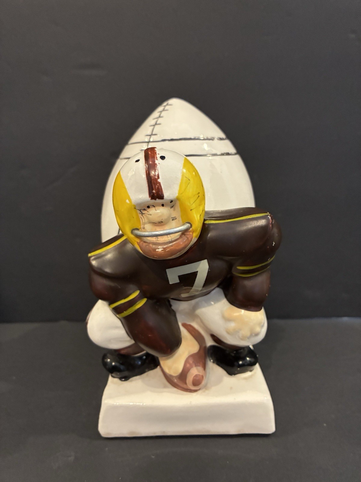 Vintage 1960s Ceramic Football Player Planter 6″ x 4.5″ ..Brown and Gold