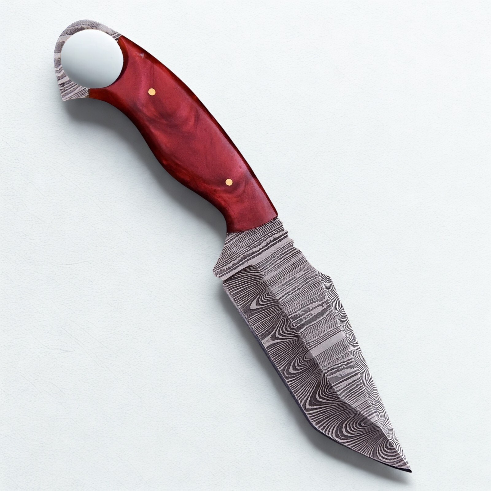 10″ Damascus Fixed Blade Boot Knife Red Resin Handle Bushcraft EDC w/ Sheath