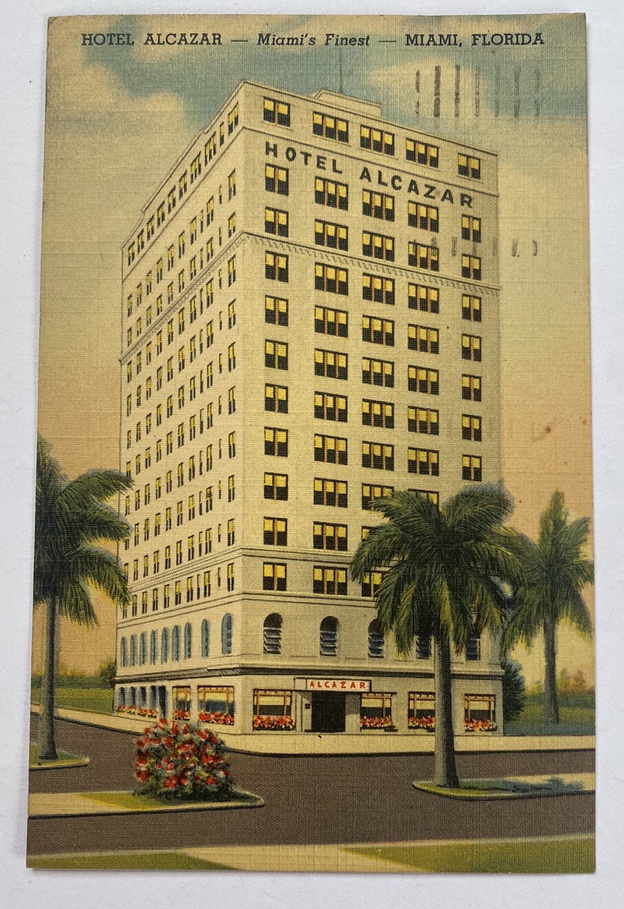 Vintage Linen Postcard c1942 ~ Hotel Alcazar Street View ~ Miami Florida FL