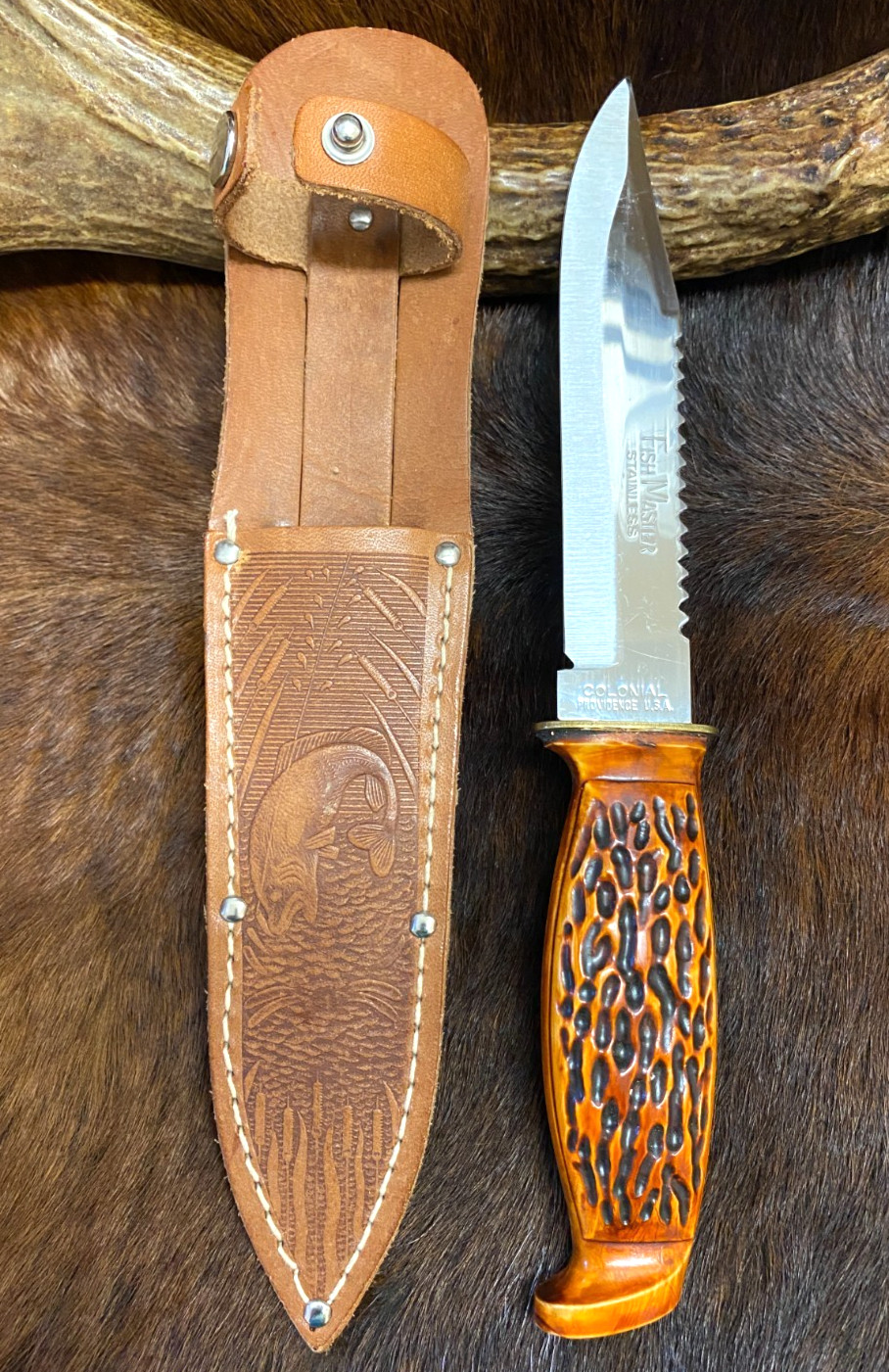 Colonial, Providence, USA. Fish Master Knife, Stainless, Leather Sheath, 9 1/8″