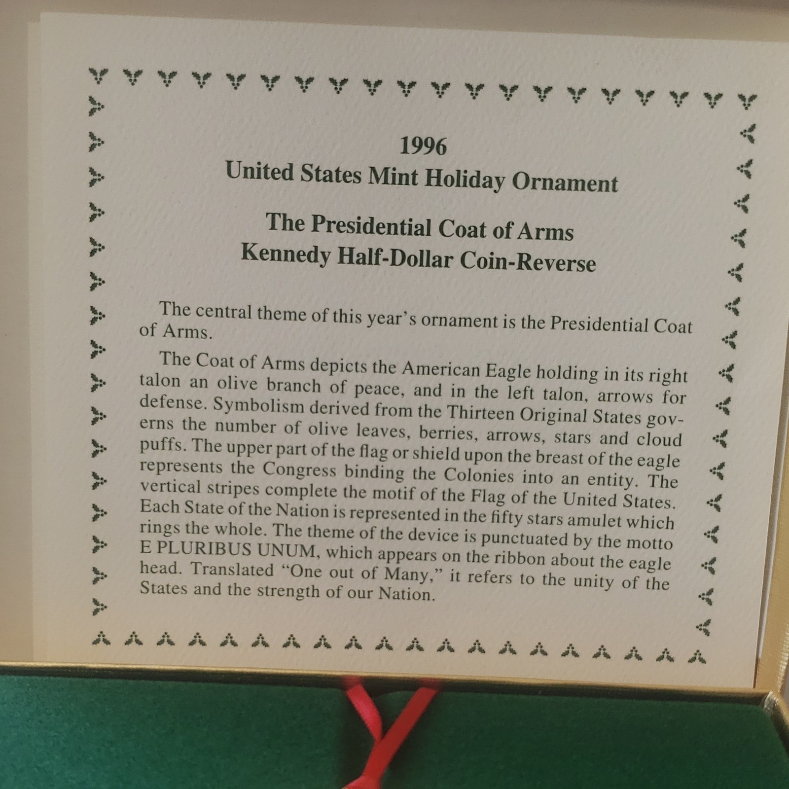 United States Mint 1996 Holiday Ornament Presidential Coat of Arms w/ Box