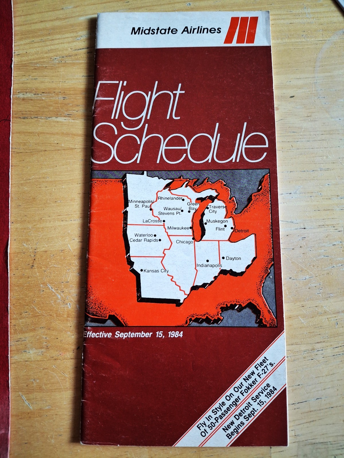 MIDSTATE Airlines Timetable September 15, 1984 with Route Map