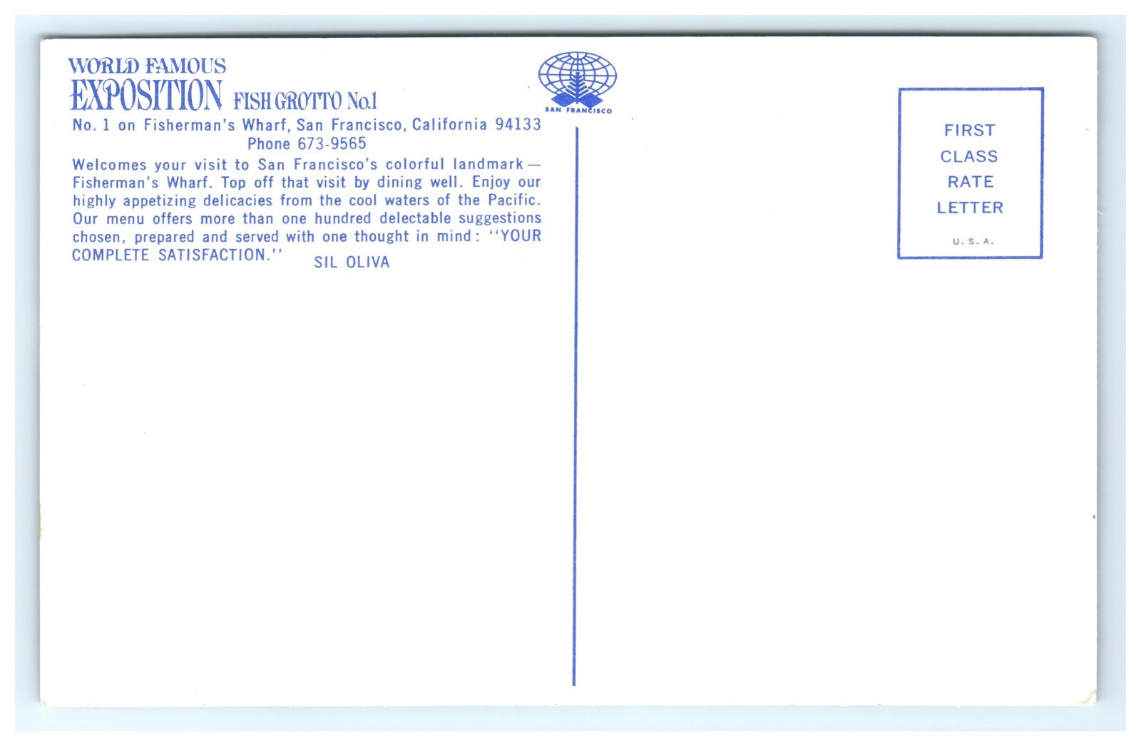 Postcard Exposition No 1 Restaurant Fish Grotto Sil Olivas San Francisco CA UNP