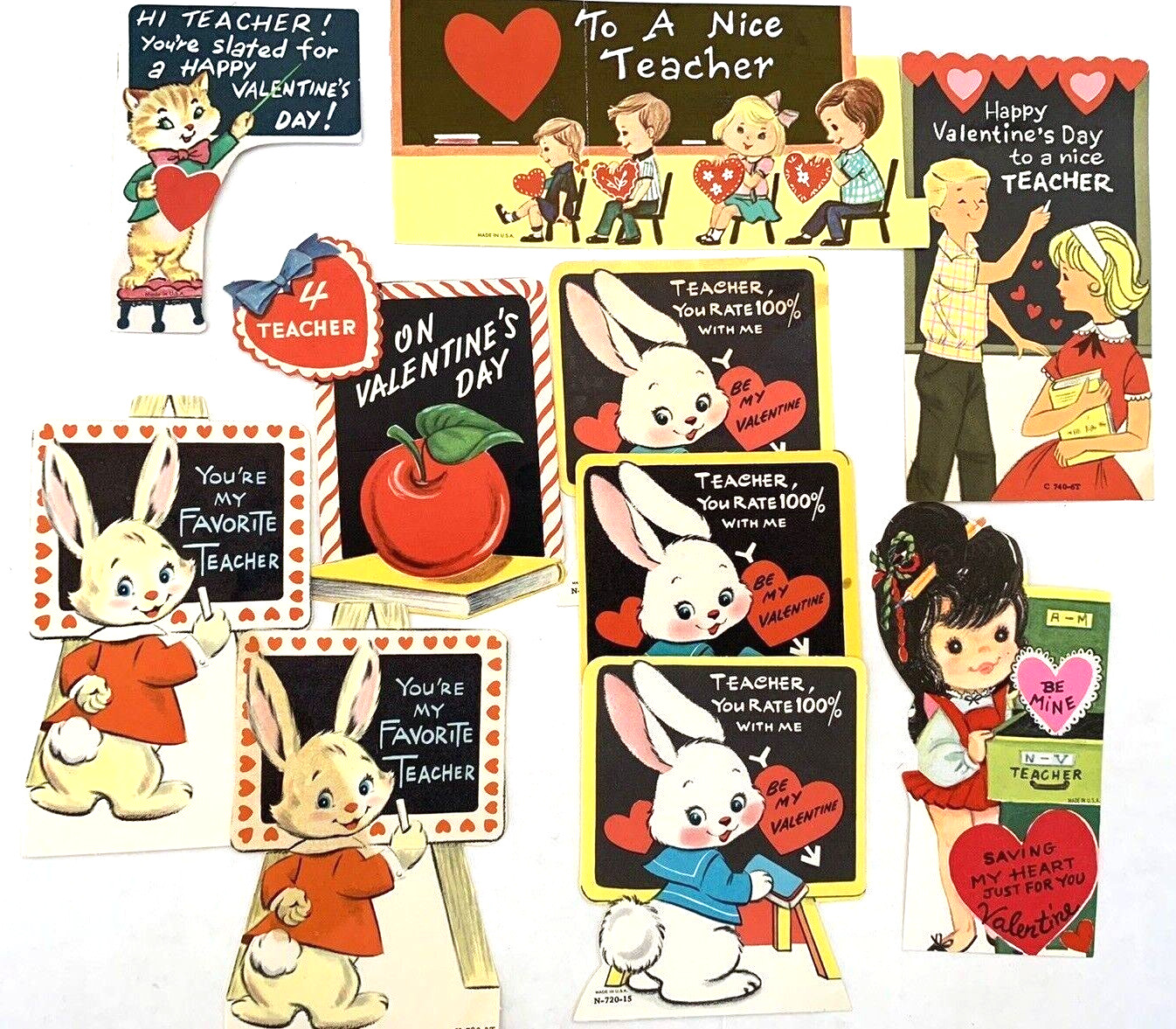 Valentines Day Card Vintage Lot (10) Die Cut Teacher Cards Chalk Board Bunny USA