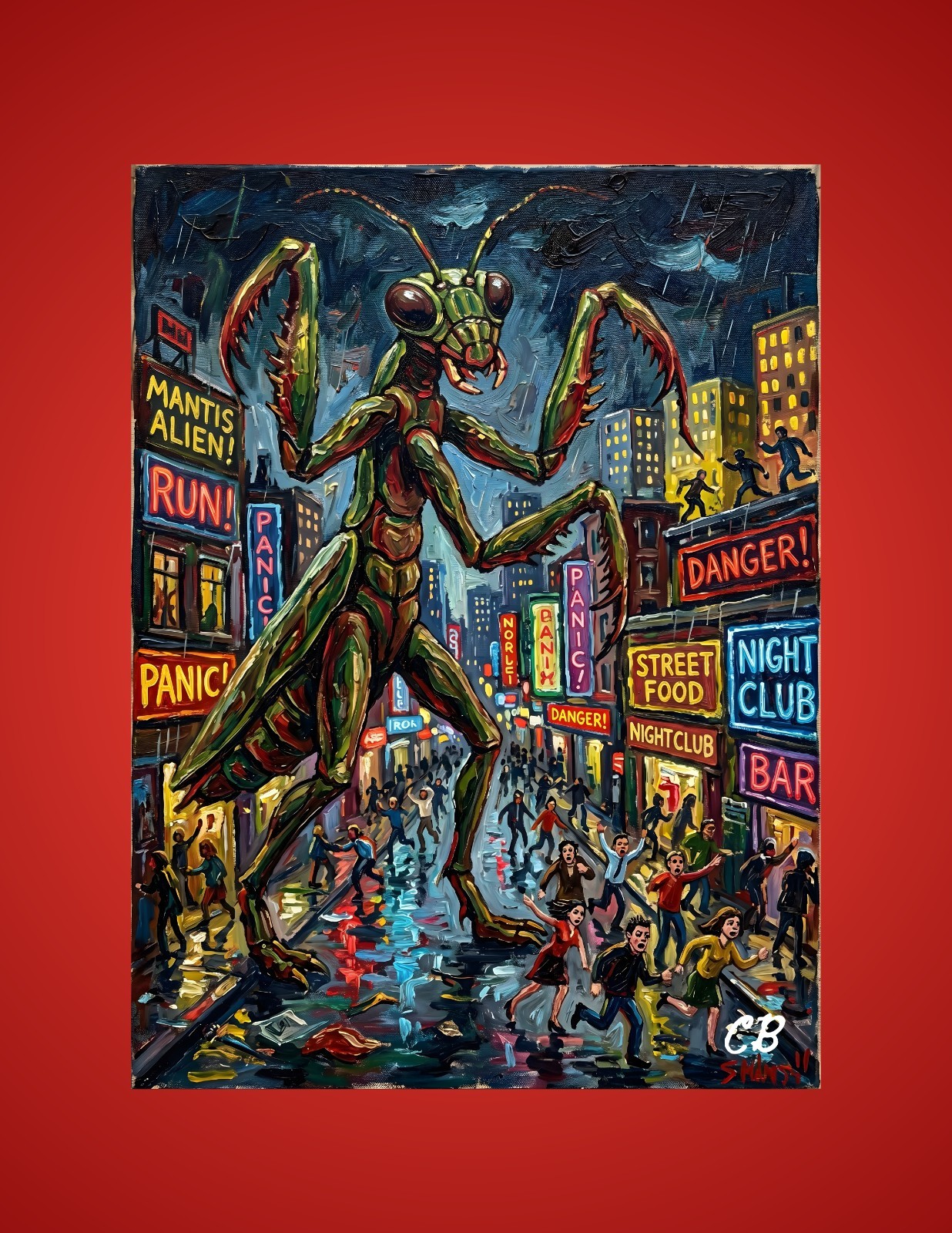 Mantis Alien City Invasion ACEO Print | Giant Bug Horror Folk Art | Panic