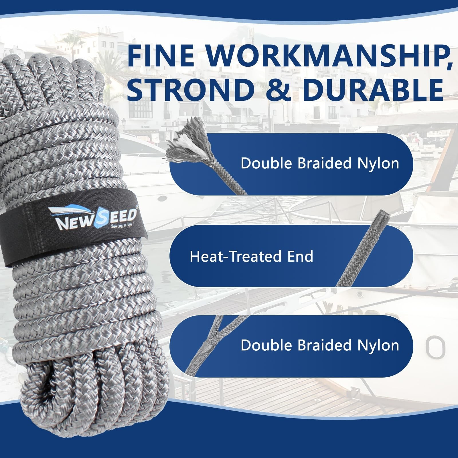 NEWSEED 4 Pack 1/2″ x 15′ Dock Lines Double Braided Nylon Boat Rope Grey | Wi…