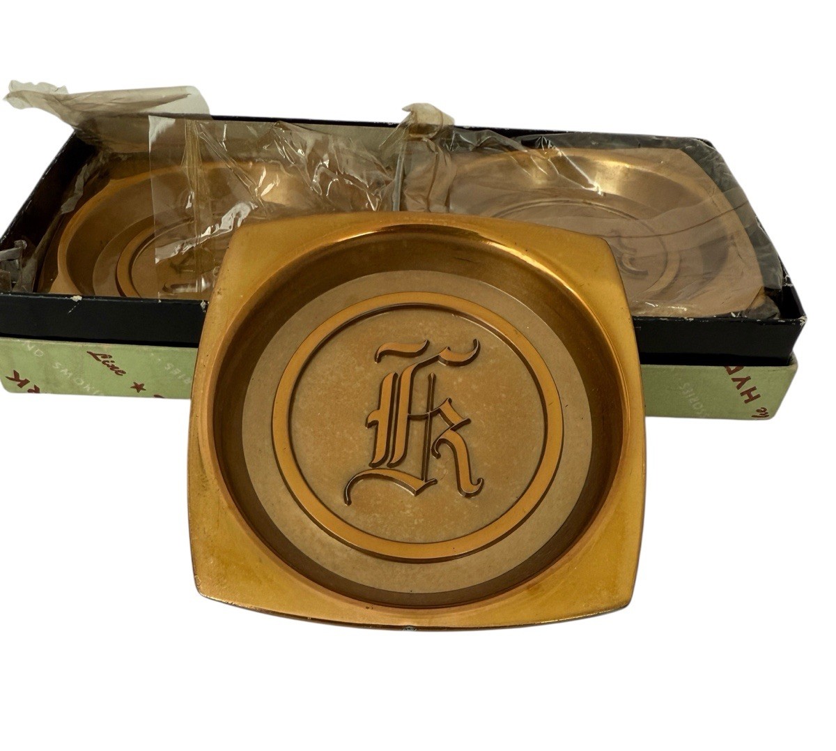 Vintage Brass Coasters Set of 8 Hyde Park HP Monogram MCM Bar Table w Box USA