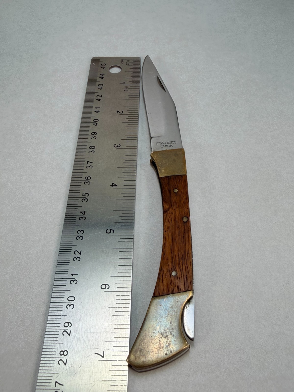 Vintage Classic Stainless Steel Folding Pocket Knife Wood Handle Brass Bolsters