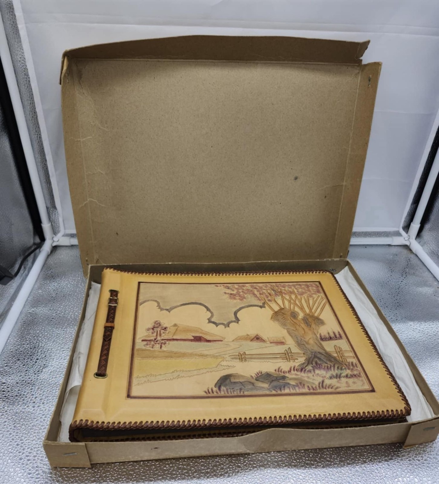 Vtg Handcrafted Leather Photo Album Embossed Scenic Cover & Buckle Strap Closure