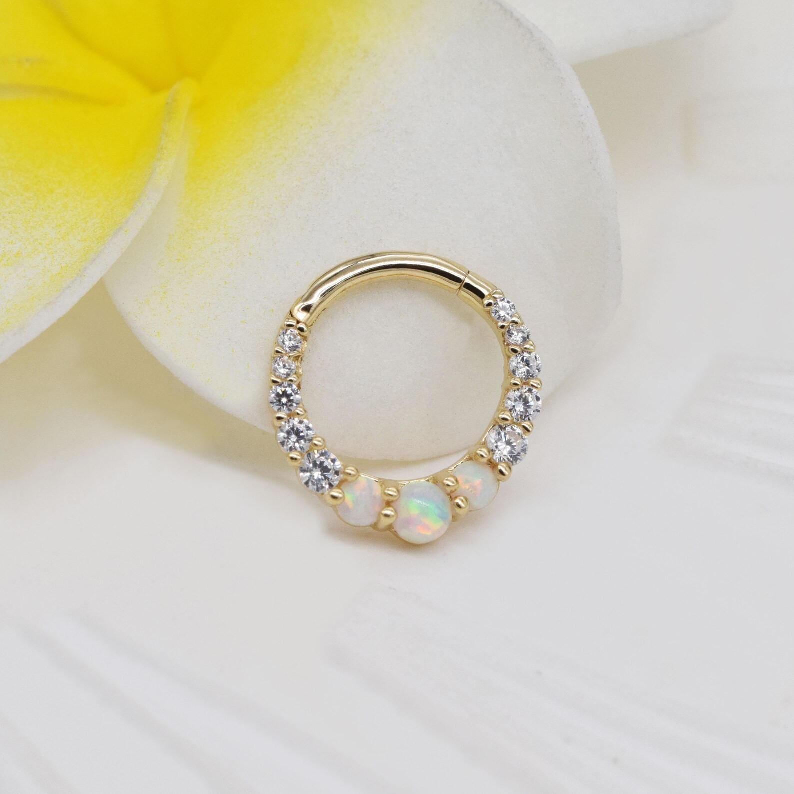 18K Yellow Gold Over Opal & Diamond Septum Ring Nose Tragus Helix Clicker Daith