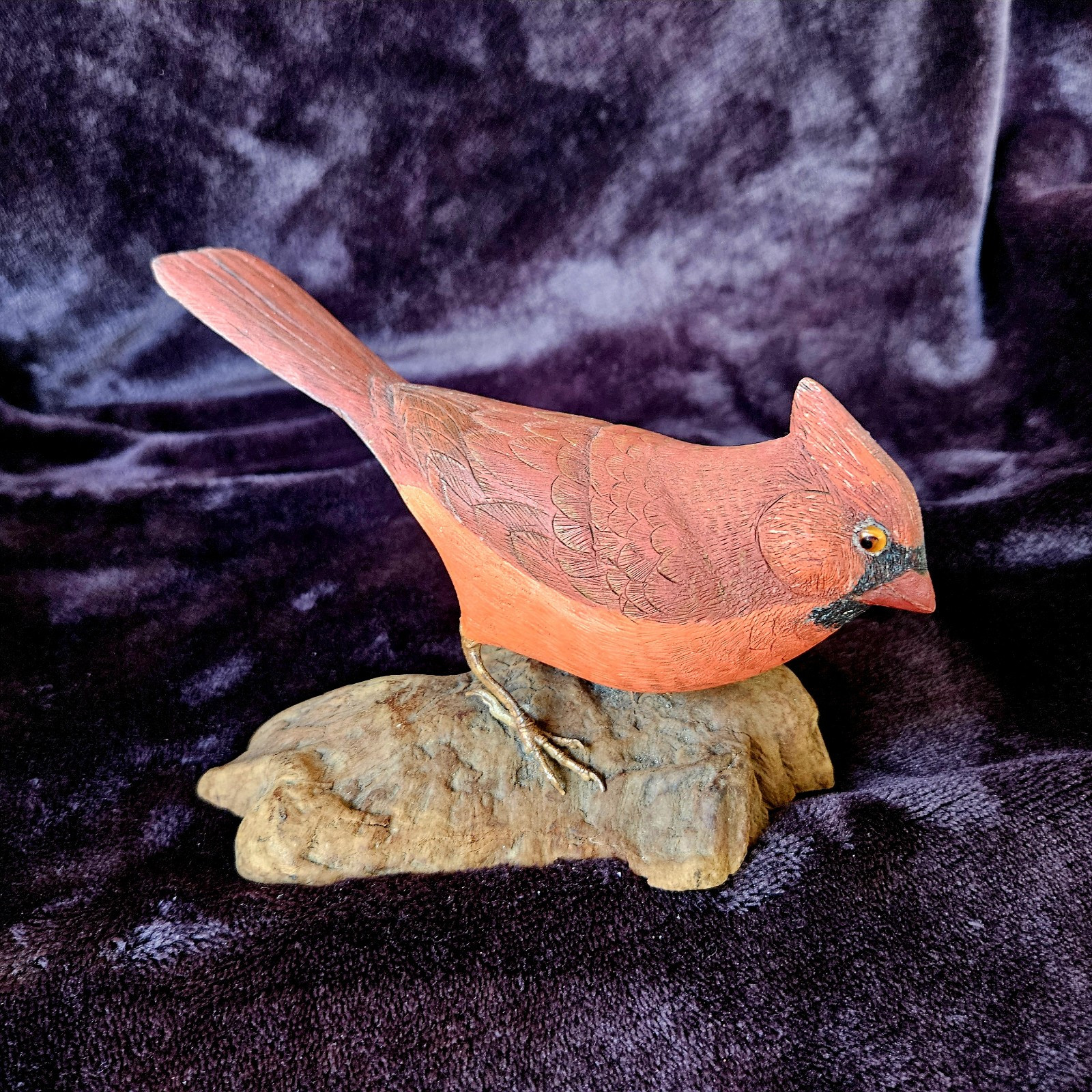 Wood Carved cardinal on driftwood base, handpainted. Signed B & P Reinbold 1991