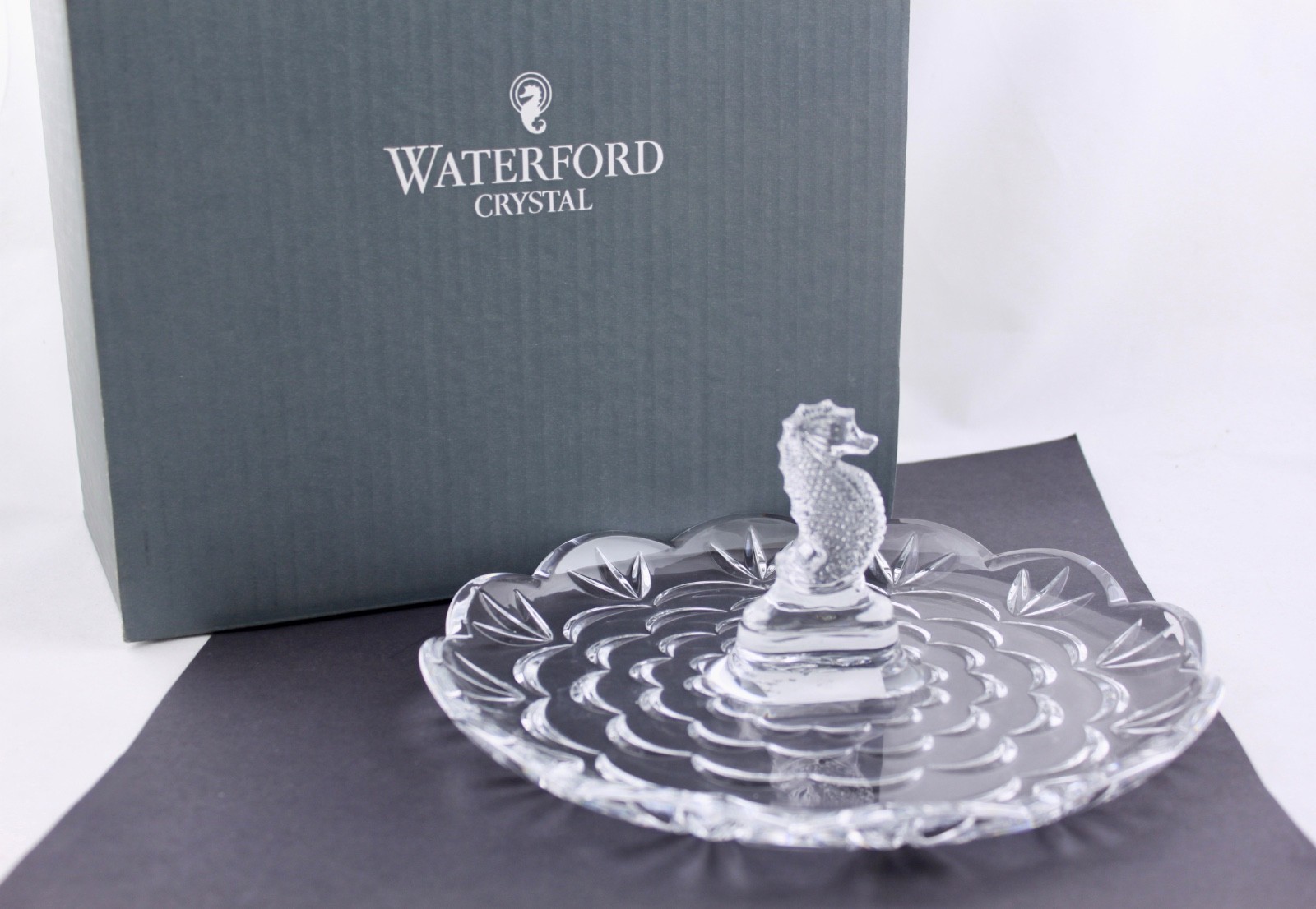 WATERFORD CRYSTAL SEAHORSE 9″ ROUND SERVER TRAY TIDBIT SCALLOPED EDGE – NIB