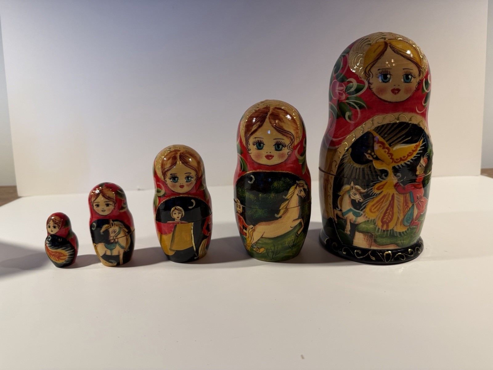 Hand Painted Wooden Matryoshka Nesting Dolls 5 Pc 7in Horse Fairytale Folk Art