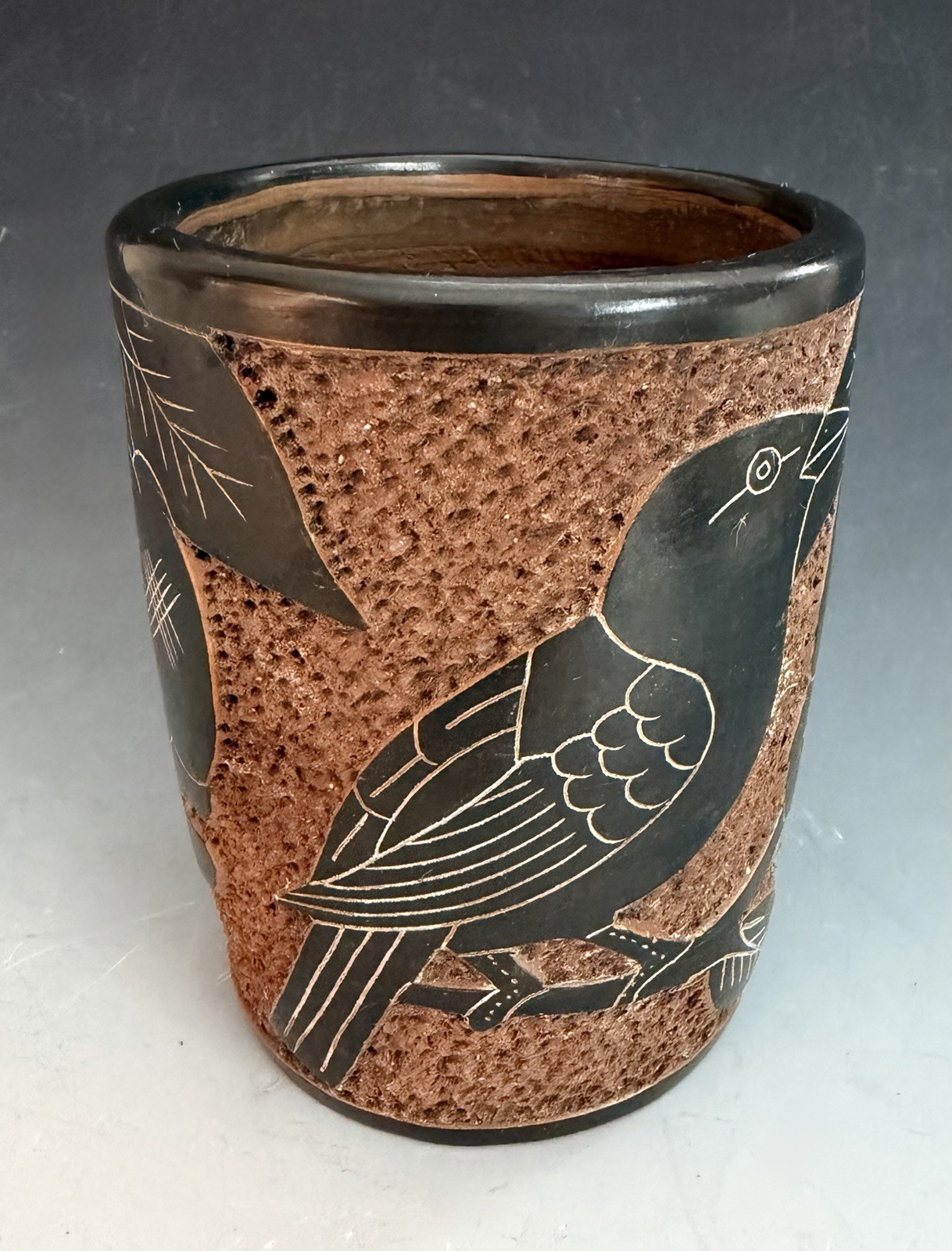 Sgraffito Handmade Etched Terracotta Vase Cup Holder Bird Fruit Carved