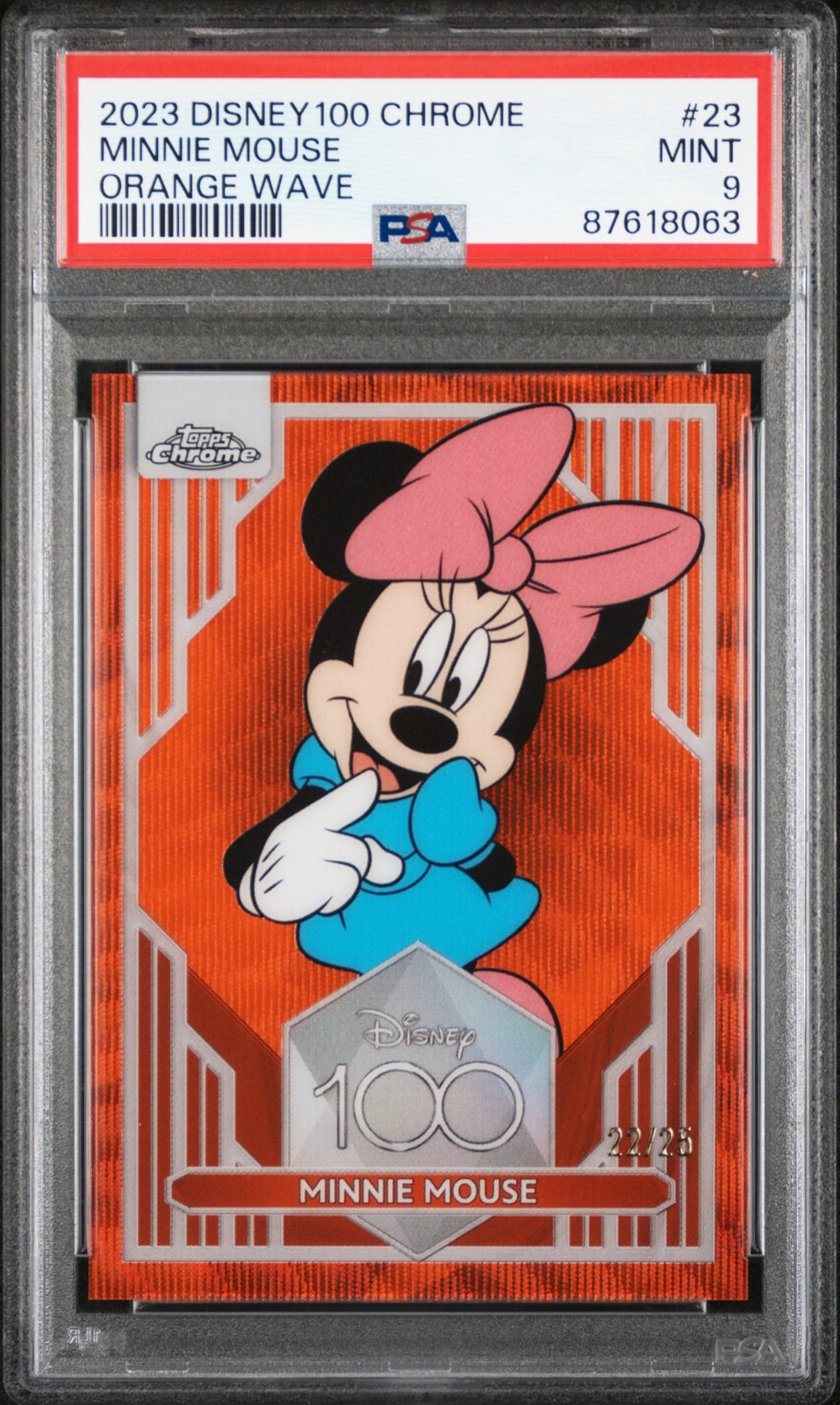 2023 TOPPS CHROME DISNEY100 ORANGE WAVE #23 MINNIE MOUSE 22/25 PSA 9