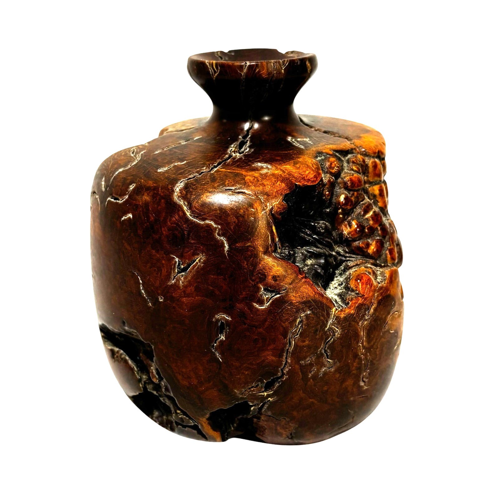 Raw edge burl wood bud vase shapely round natural organic mid century design