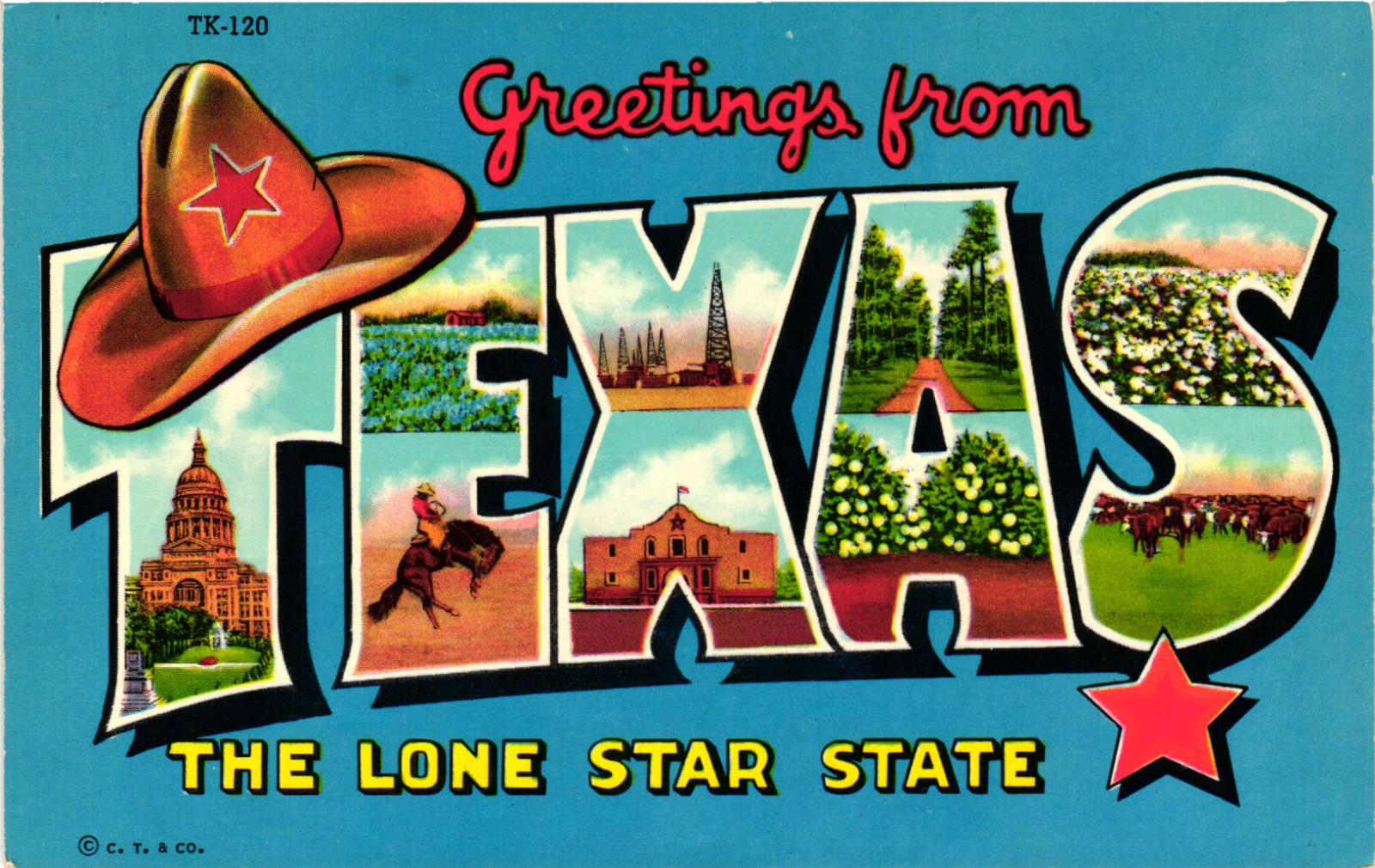 Block Letter Postcard Greetings from Texas The Lone Star State Chrome Unposted