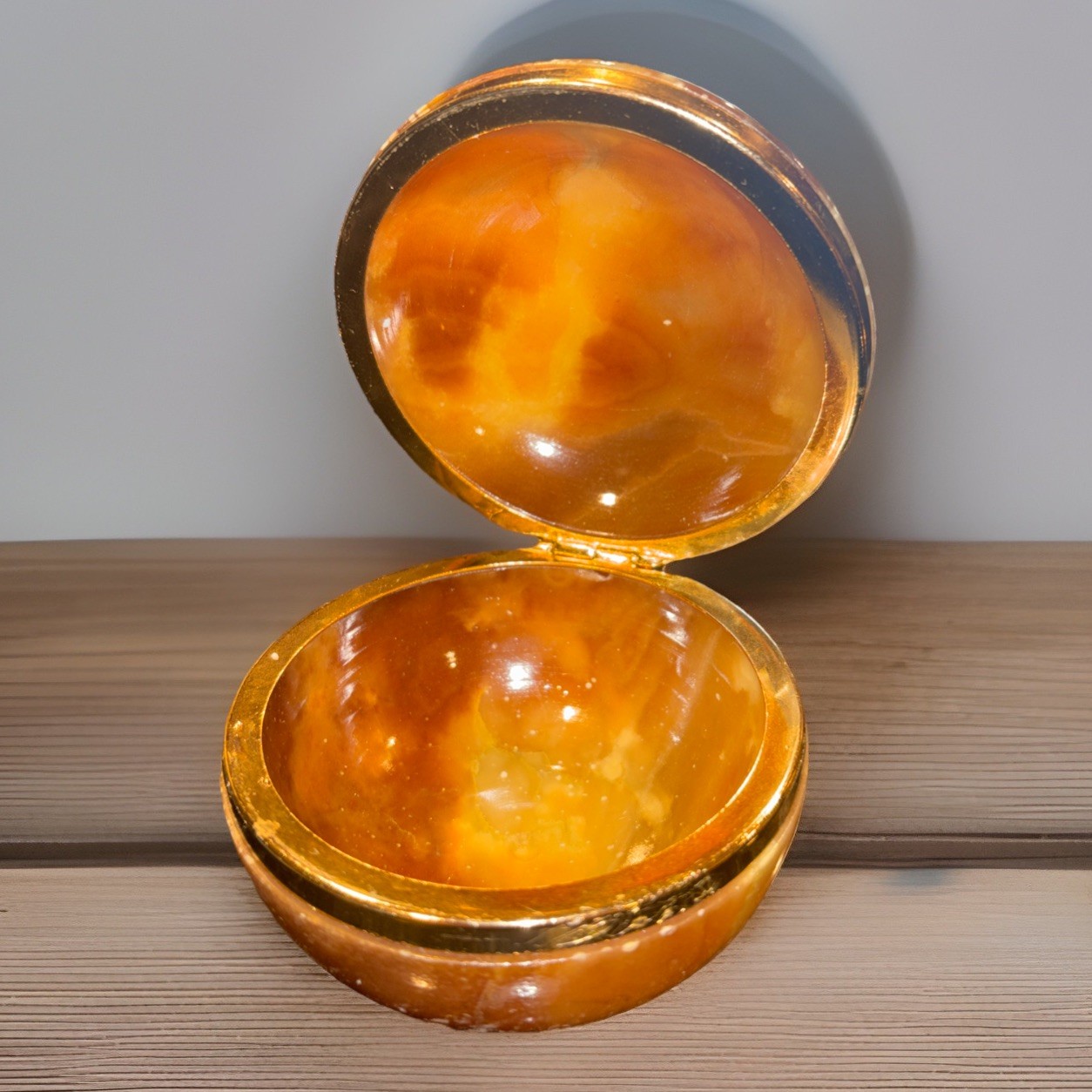Vintage Alabaster Stone Trinket Box Gold/ Beige/Brown- Rare