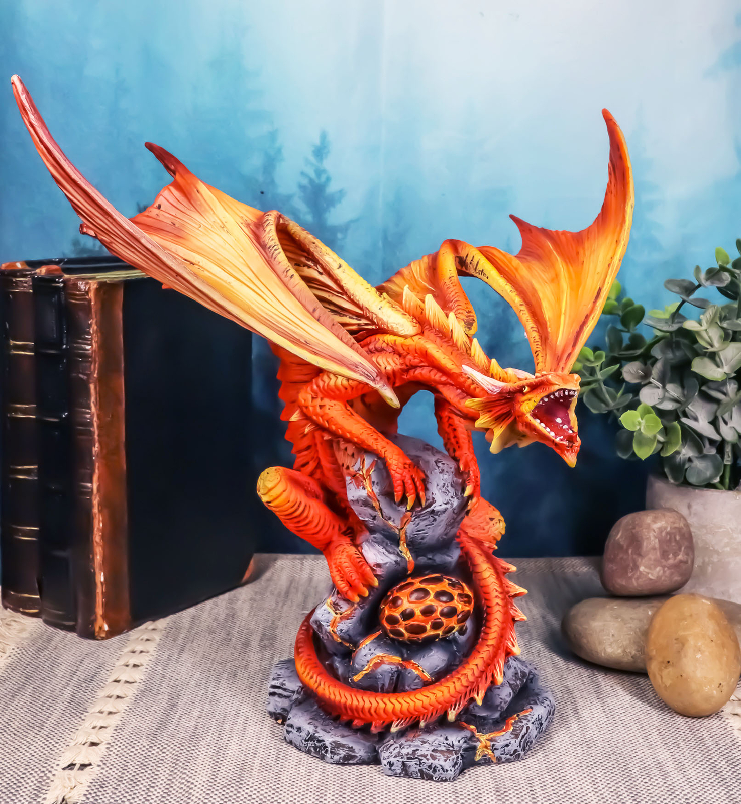 Roaring Red Phoenix Fire Dragon Guarding Egg Hatchling Statue 10″H Anne Stokes