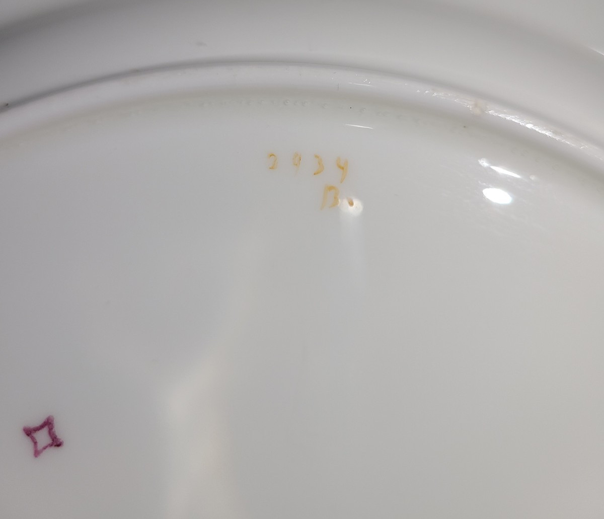 Antique Minton Cuckoo floral pattern scalloped edge dinner plate, MARKING