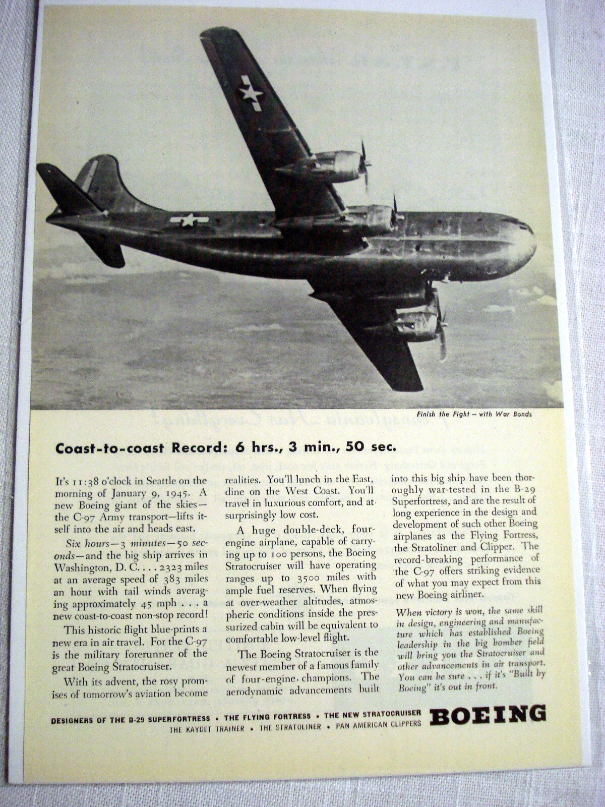 1945 WWII Ad Boeing C-97 Army Transport Coast to Coast 6 hrs., 3 min., 50 sec.