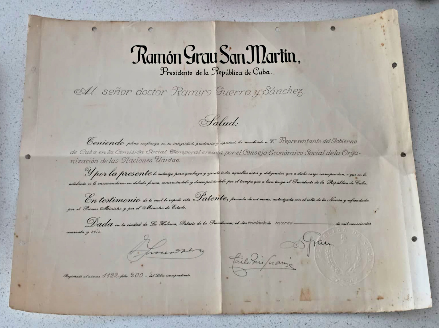 RARE Unique SIGNED PRESIDENT RAMON GRAU SAN MARTIN SIGNED 1946 ORIG AUTOGRAPH