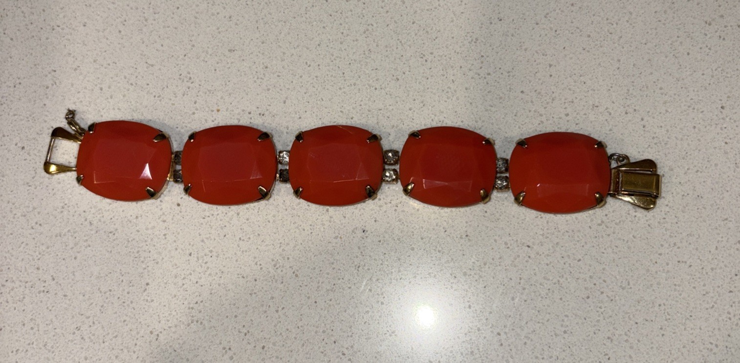 VTG Thermoplastic Hot Orange Bracelet 7” Missing Safety Chain.
