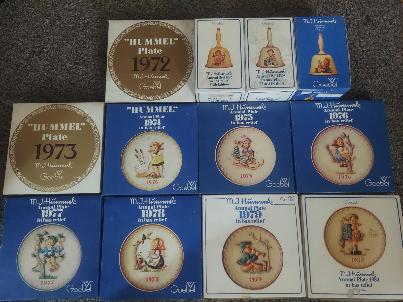1972-1980 M.J.Hummel Antigue Plate Collection, 3 M.J. bells (1978, 1980, 1982).