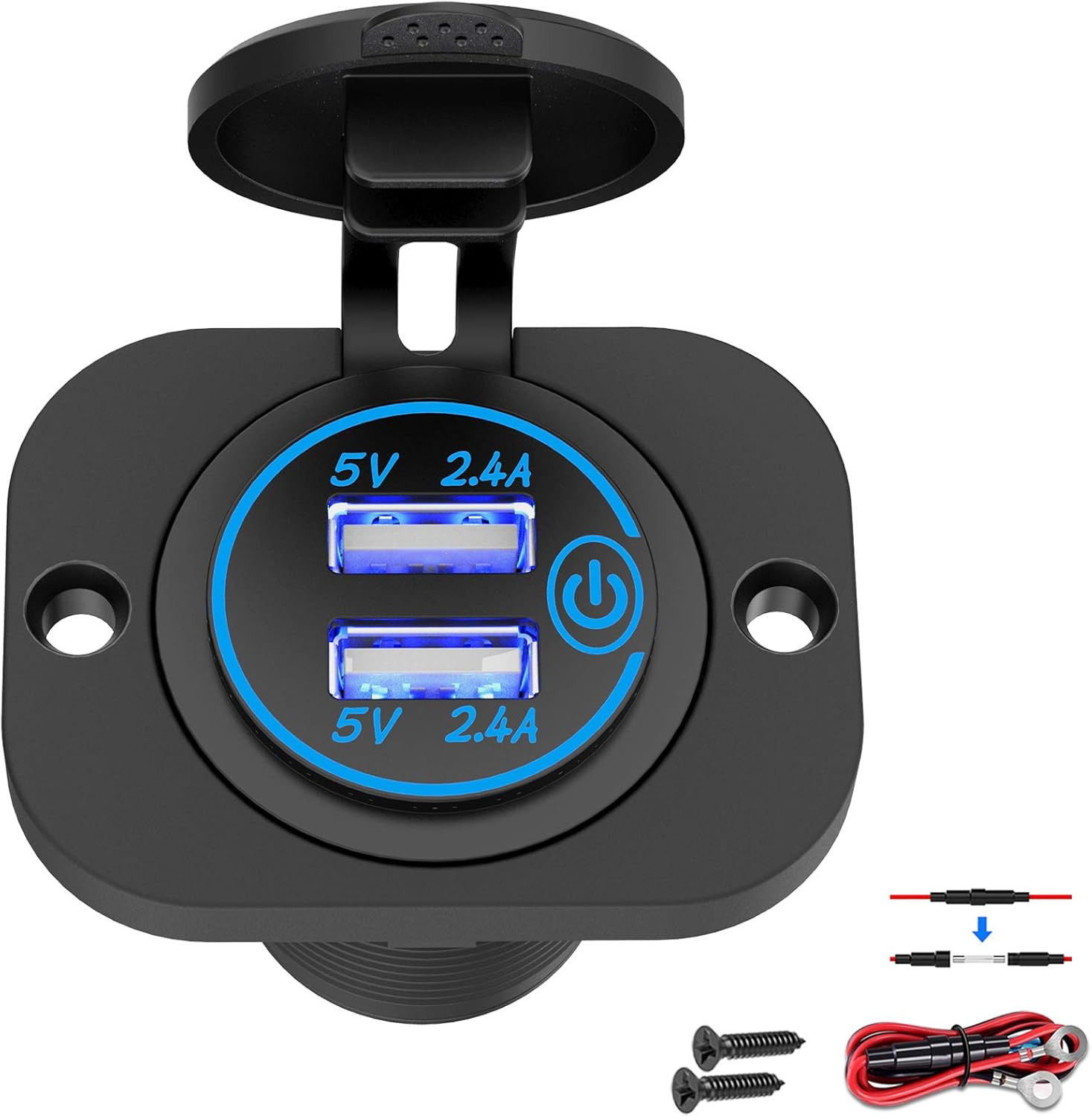 12V Dual USB Marine Socket with Switch Waterproof Car Charger Blue LED RV ATV
