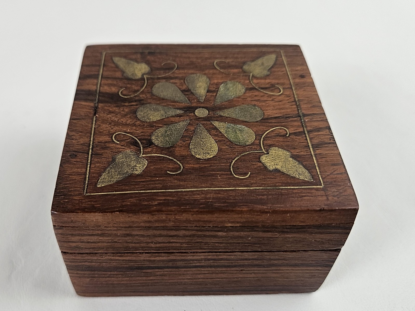 Sheesham Wooden Trinket Box 3″x3″ W/ Brass Inlay Handmade In India Free Shipping