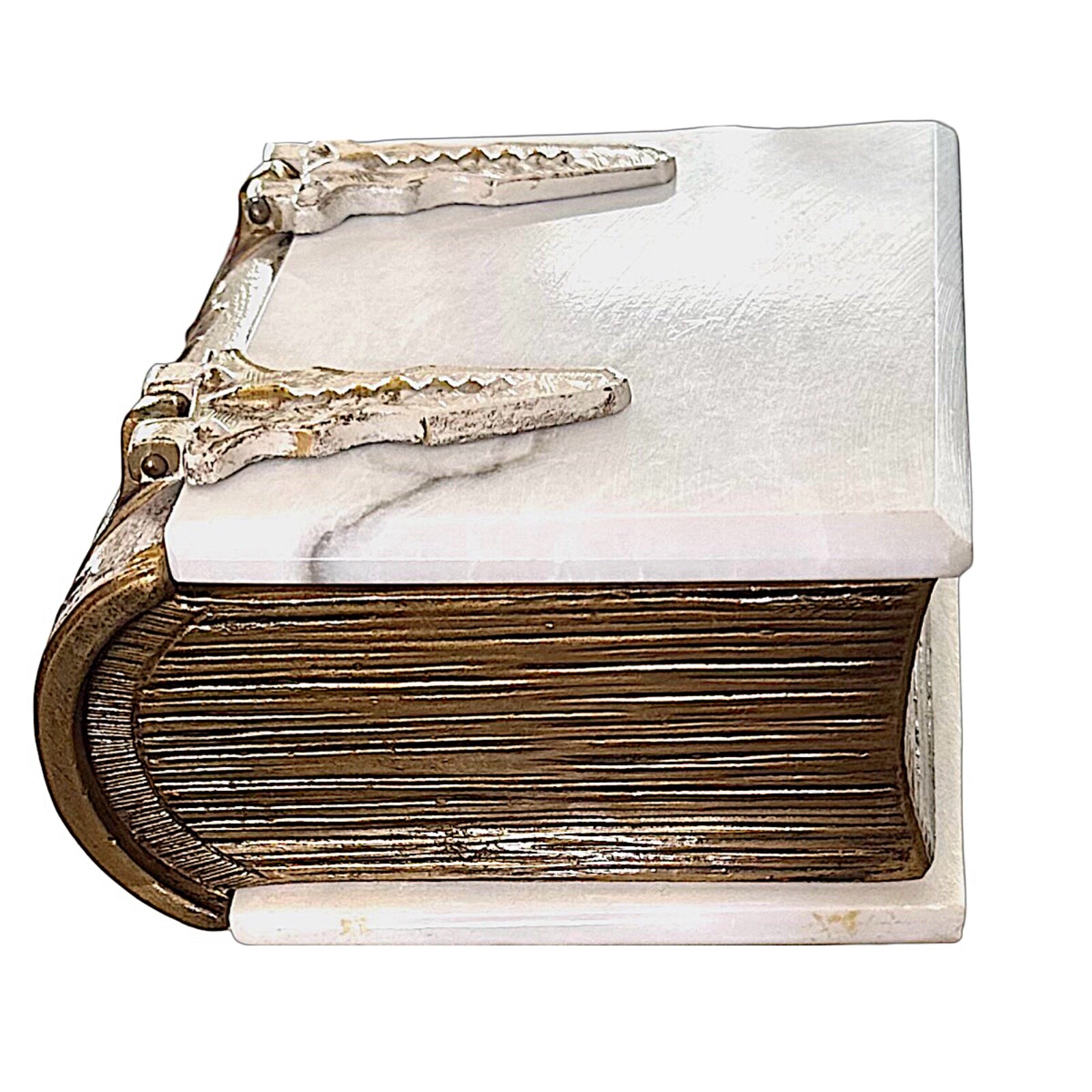 Vintage Heavy Cream Alabaster Metal Brass Trinket Box 4.75”x 4.5” Shape of Book