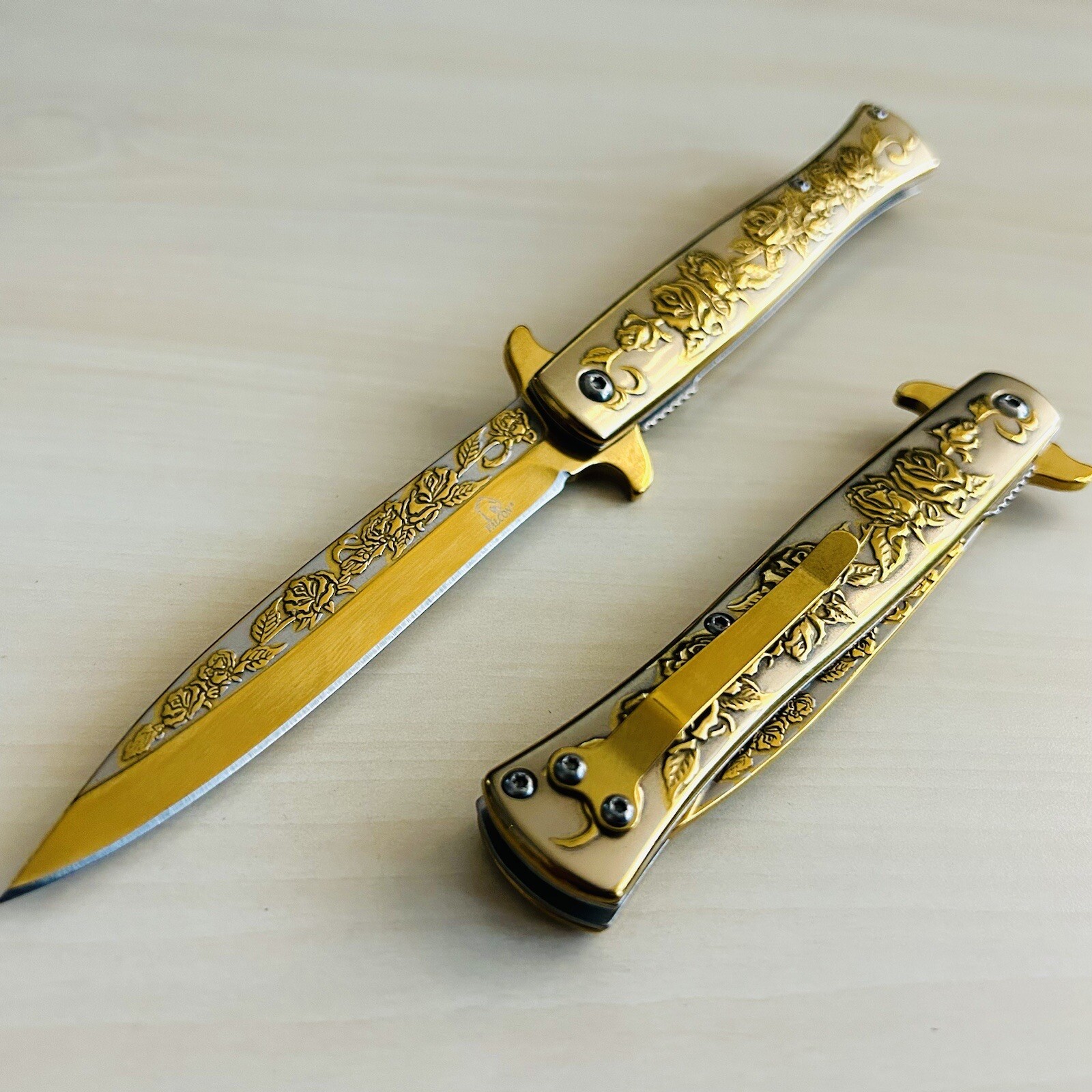 9” Gold Rose Flower Tactical Spring Assisted Open Blade Folding Pocket Knife