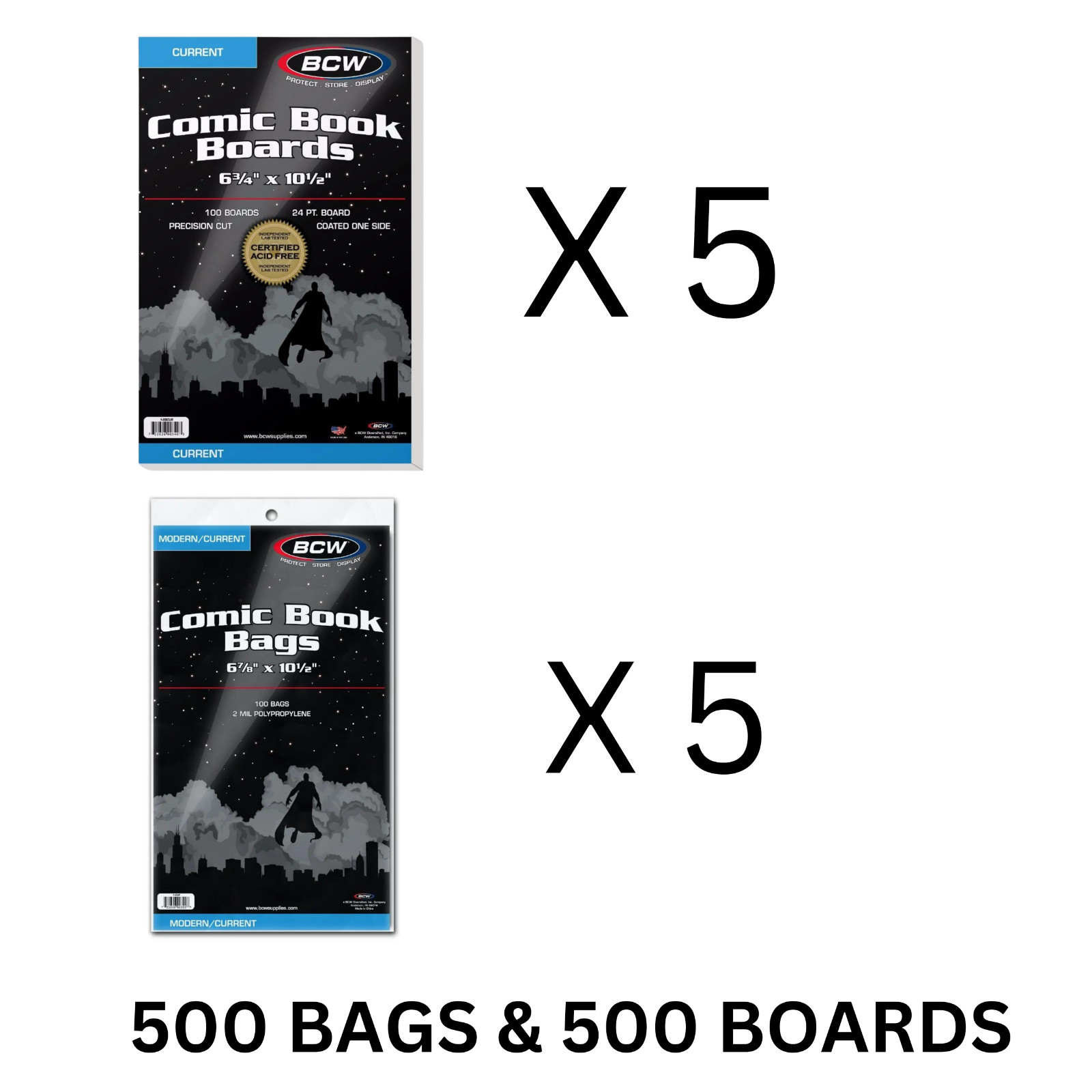 500 BCW Current Modern Comic Book Bags Sleeves & 500 Back Boards Acid Free