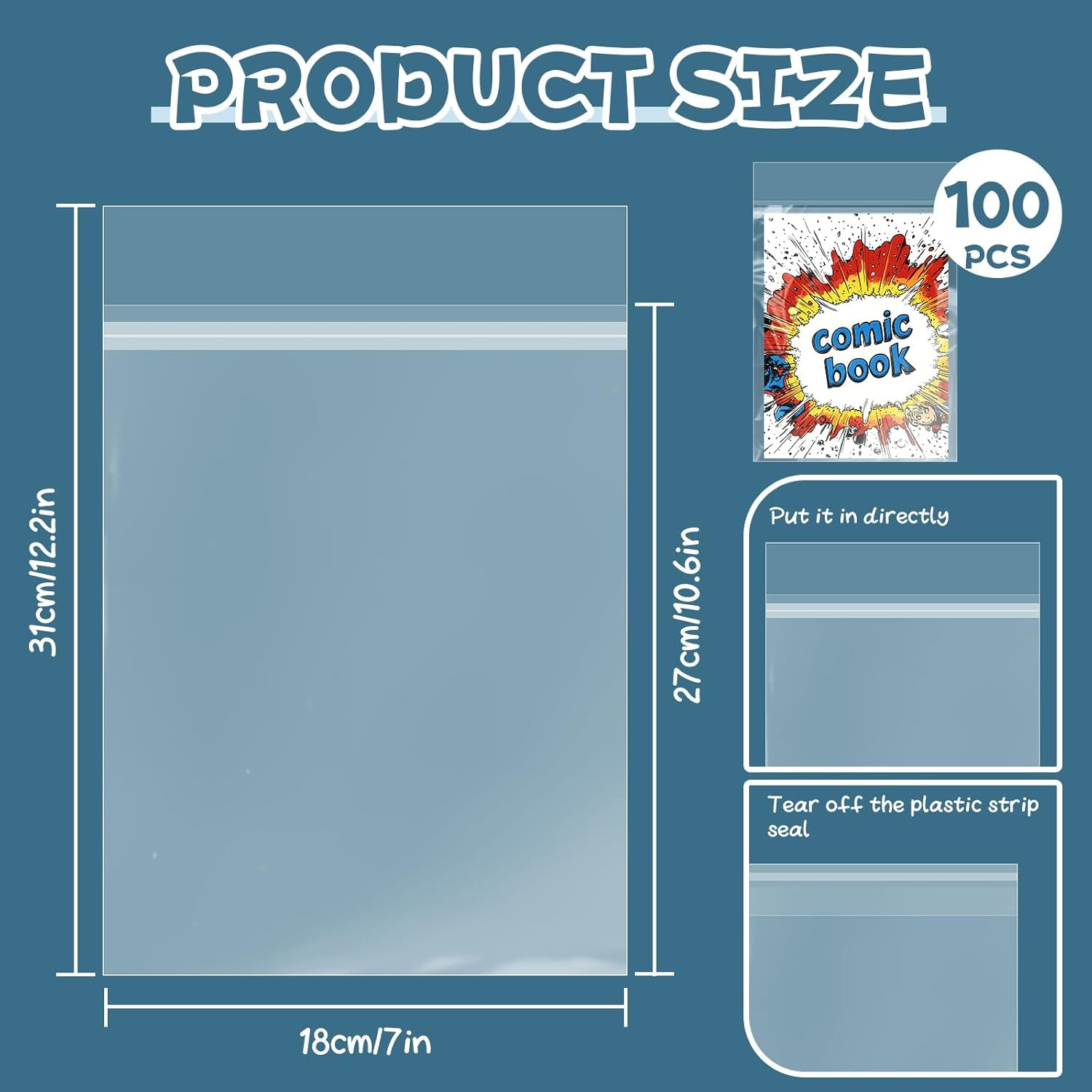 100 Pack Resealable Current Size Comic Book Bags, Crystal Clear Self Seal