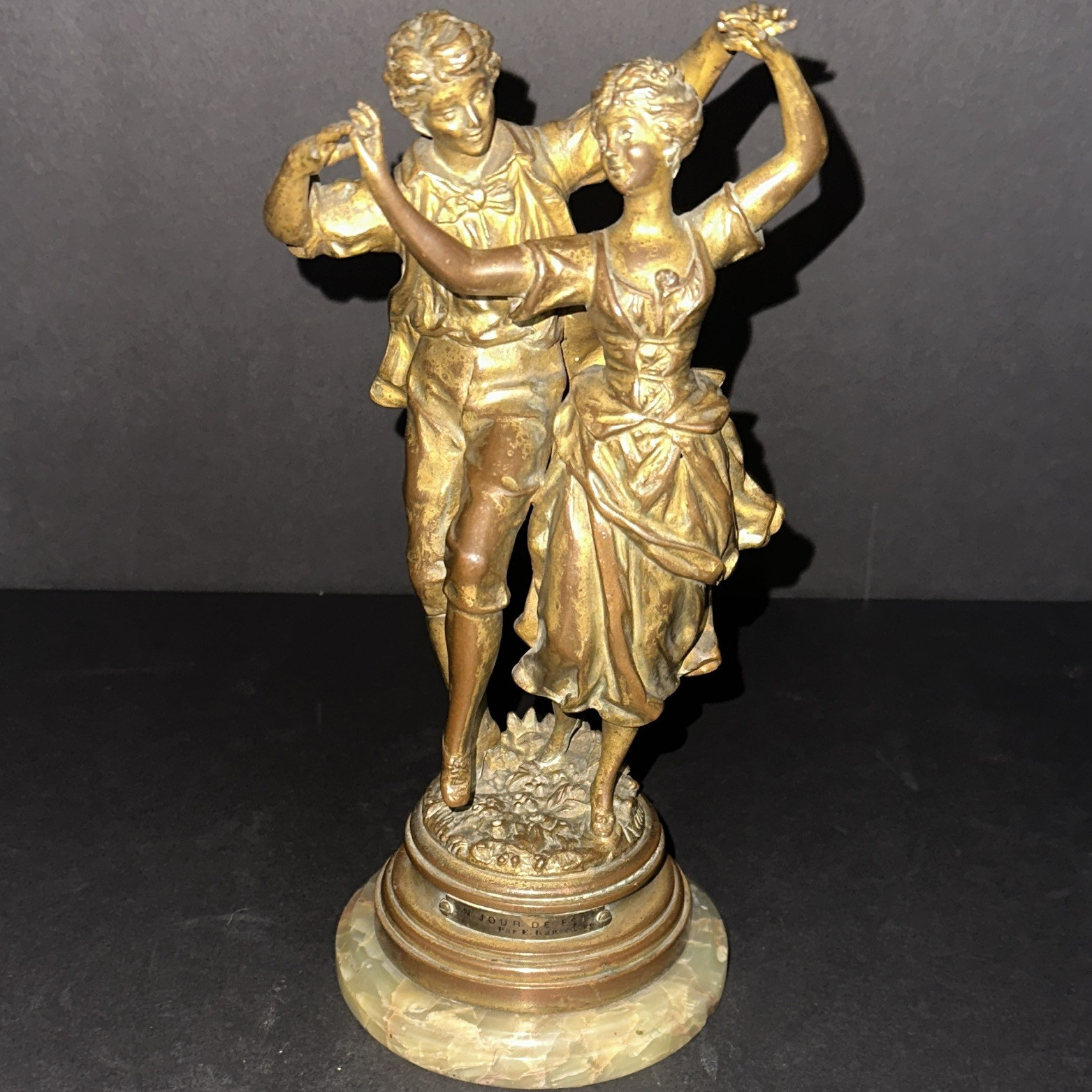 E. Rancoulet “Un Jour De Fete” Signed Dancing Couple Bronze Figurine Marble Base